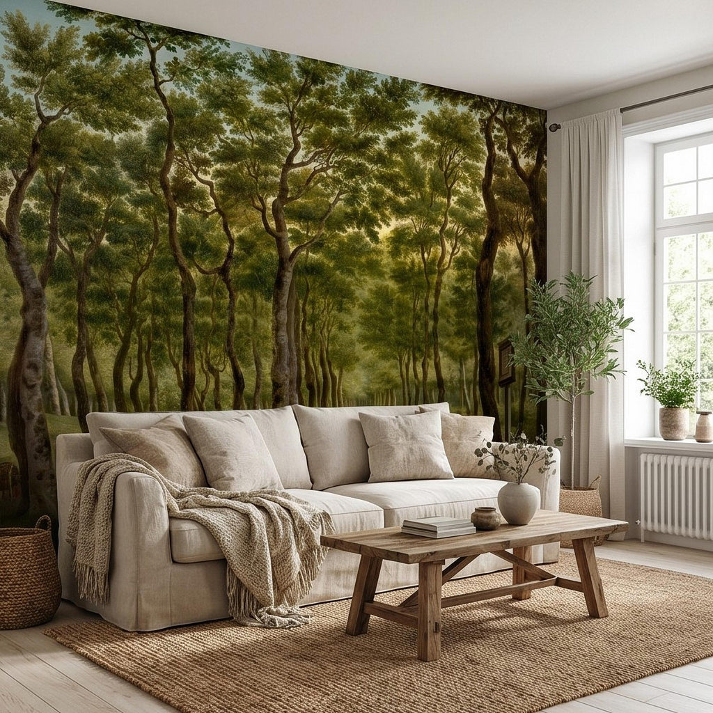 Vintage Tree Lined Avenue Peel and Stick Wall Mural, Romantic Sunlit Forest Park Path Landscape, Antique Botanical Greenery Scene Wallpaper