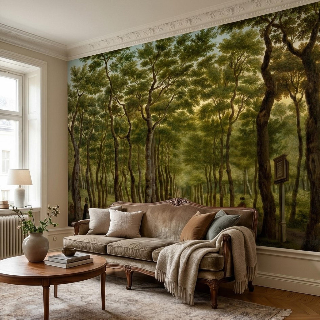 Vintage Tree Lined Avenue Peel and Stick Wall Mural, Romantic Sunlit Forest Park Path Landscape, Antique Botanical Greenery Scene Wallpaper