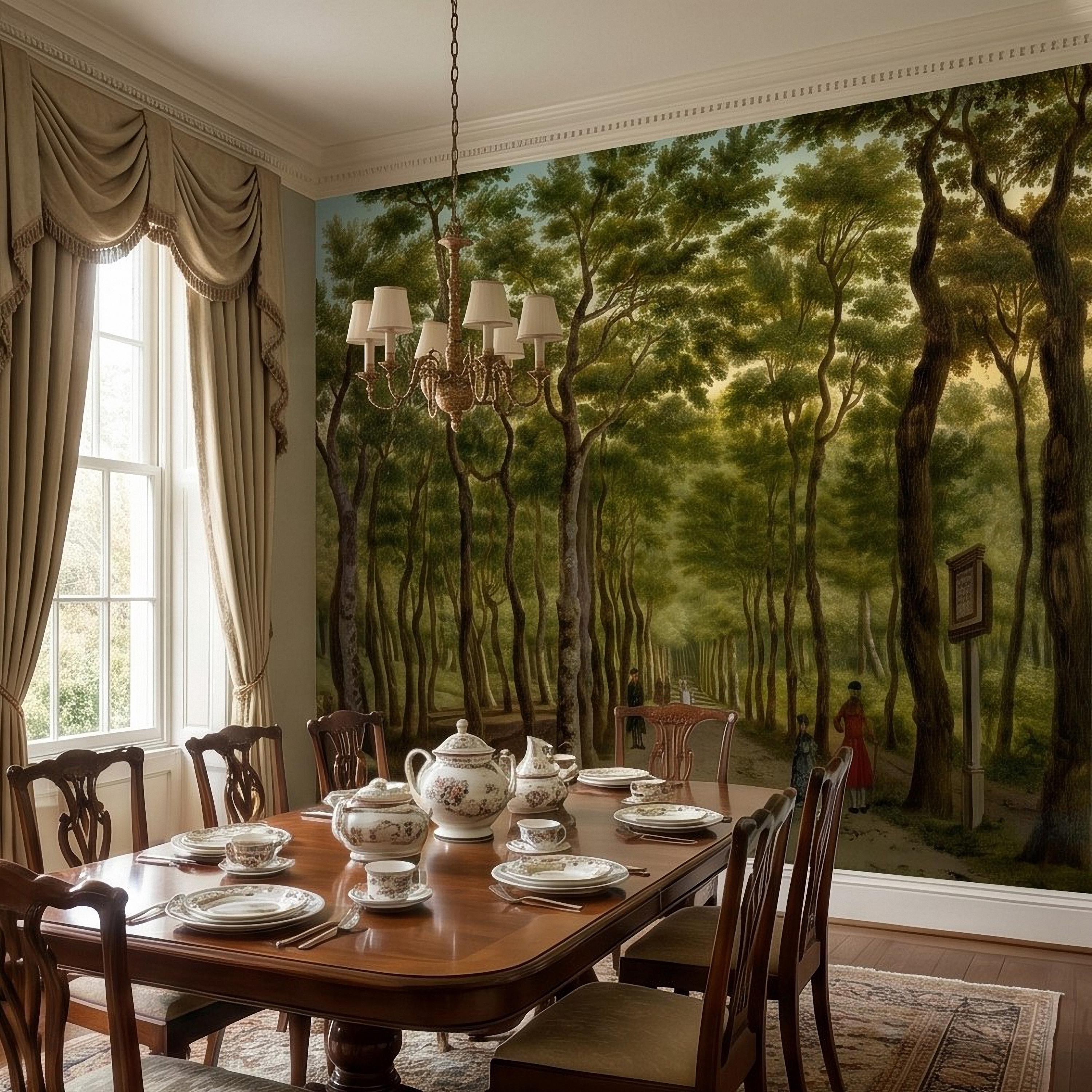 Vintage Tree Lined Avenue Peel and Stick Wall Mural, Romantic Sunlit Forest Park Path Landscape, Antique Botanical Greenery Scene Wallpaper