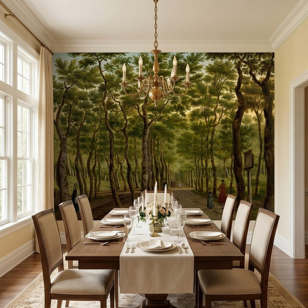 Vintage Tree Lined Avenue Peel and Stick Wall Mural, Romantic Sunlit Forest Park Path Landscape, Antique Botanical Greenery Scene Wallpaper