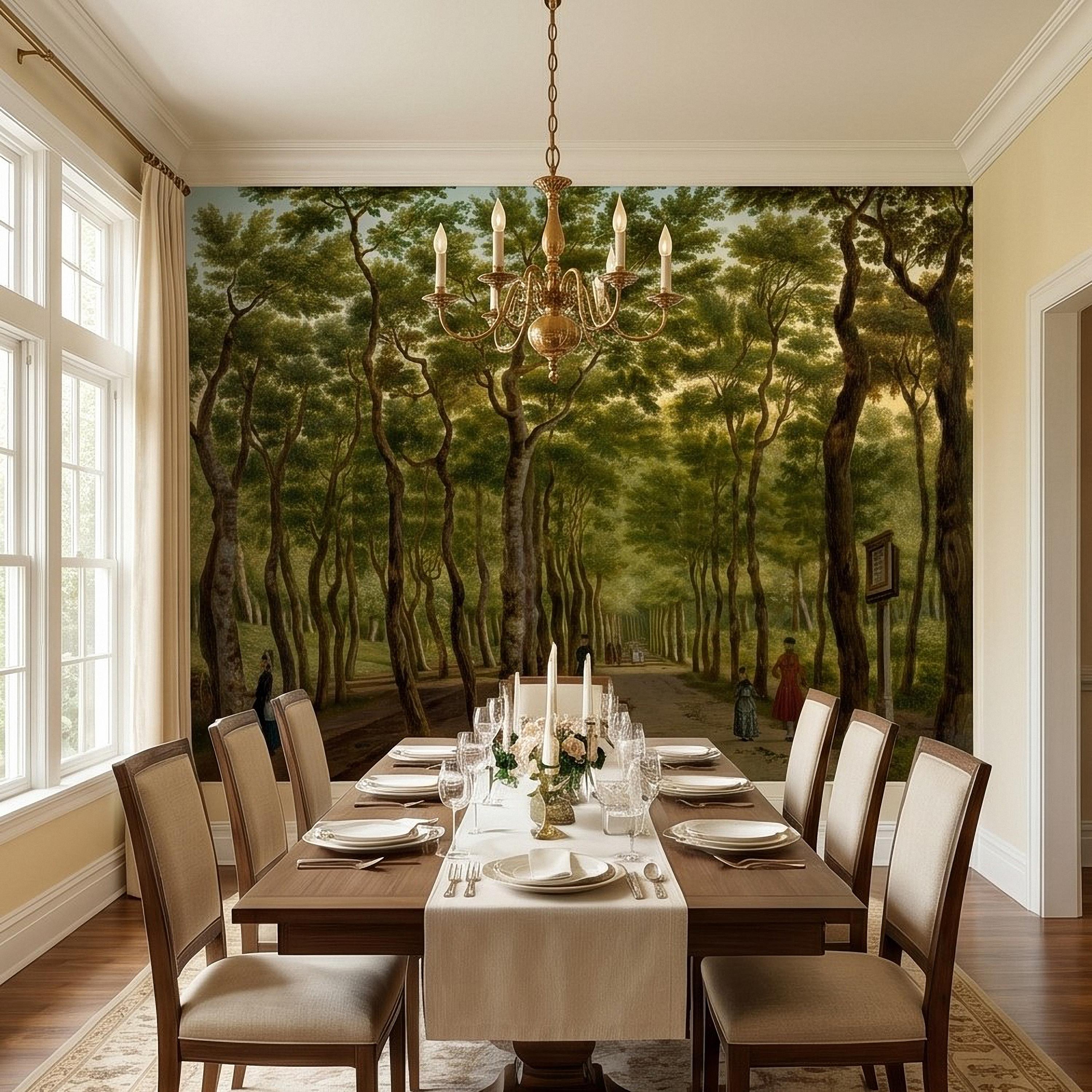 Vintage Tree Lined Avenue Peel and Stick Wall Mural, Romantic Sunlit Forest Park Path Landscape, Antique Botanical Greenery Scene Wallpaper