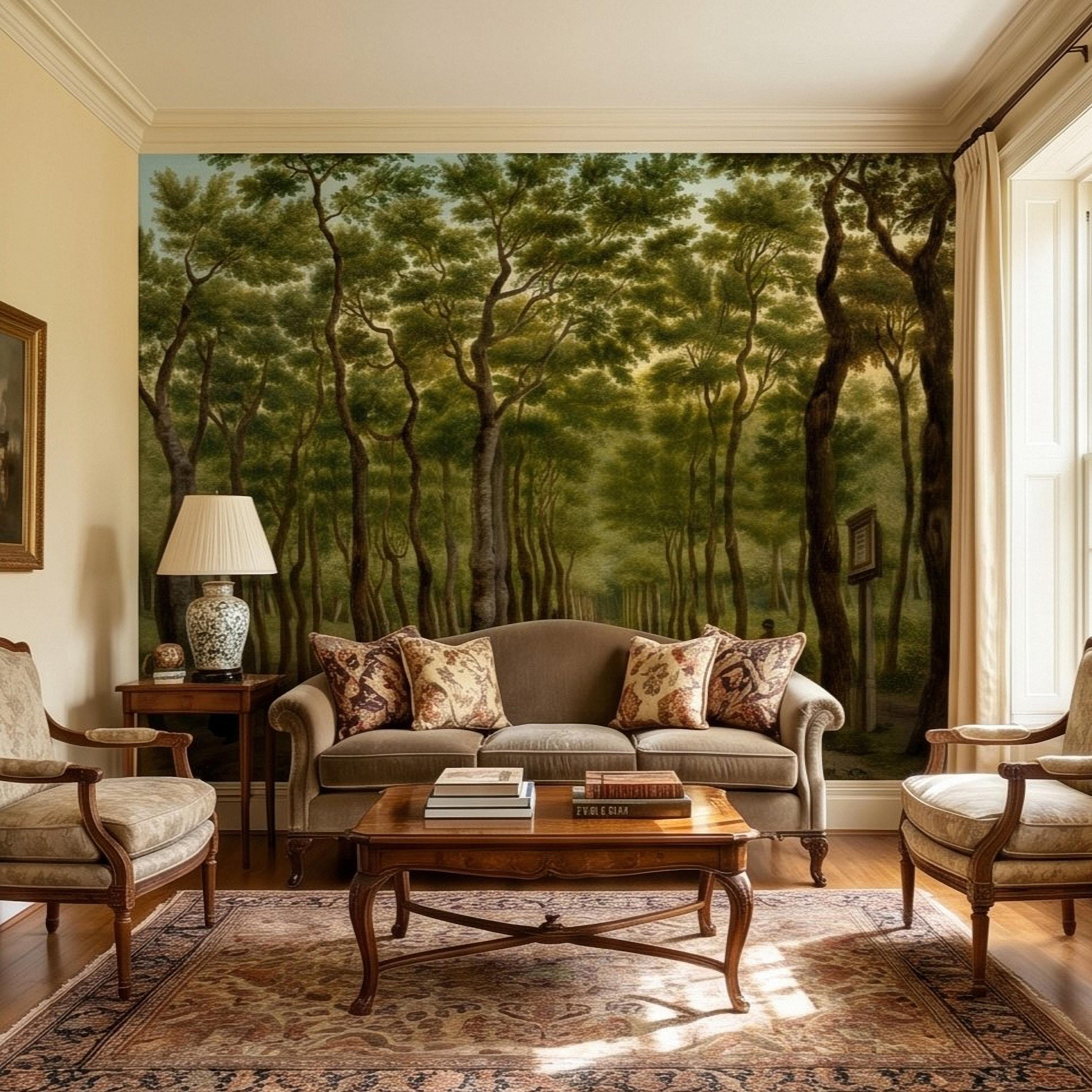 Vintage Tree Lined Avenue Peel and Stick Wall Mural, Romantic Sunlit Forest Park Path Landscape, Antique Botanical Greenery Scene Wallpaper