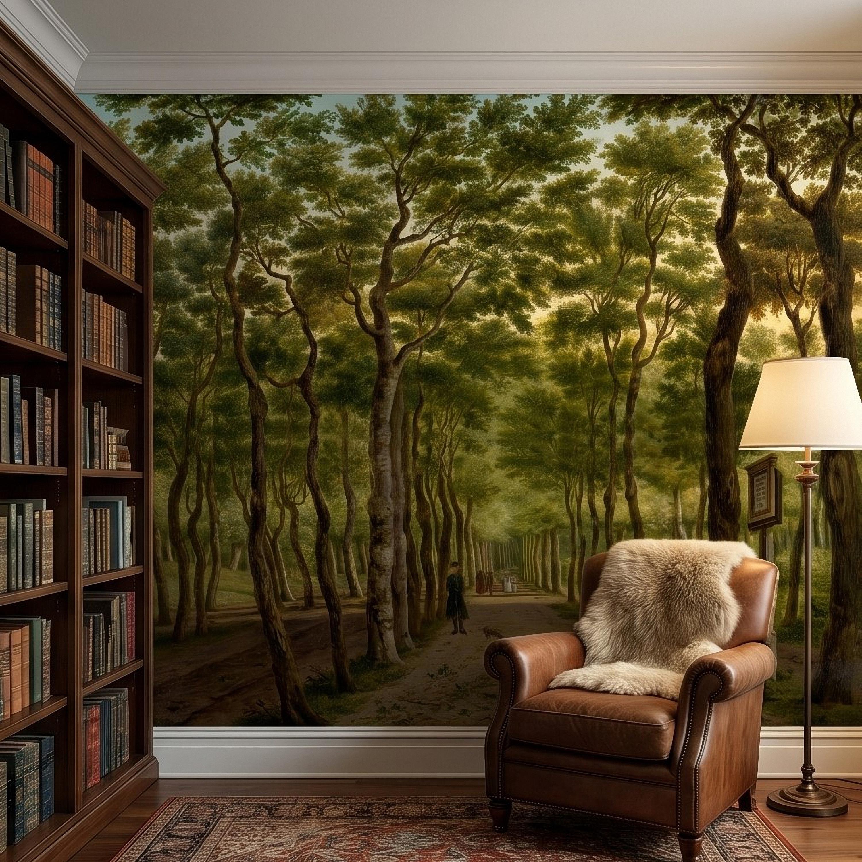 Vintage Tree Lined Avenue Peel and Stick Wall Mural, Romantic Sunlit Forest Park Path Landscape, Antique Botanical Greenery Scene Wallpaper