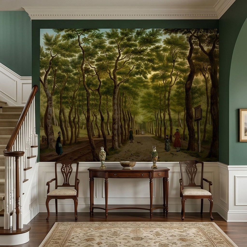 Vintage Tree Lined Avenue Peel and Stick Wall Mural, Romantic Sunlit Forest Park Path Landscape, Antique Botanical Greenery Scene Wallpaper