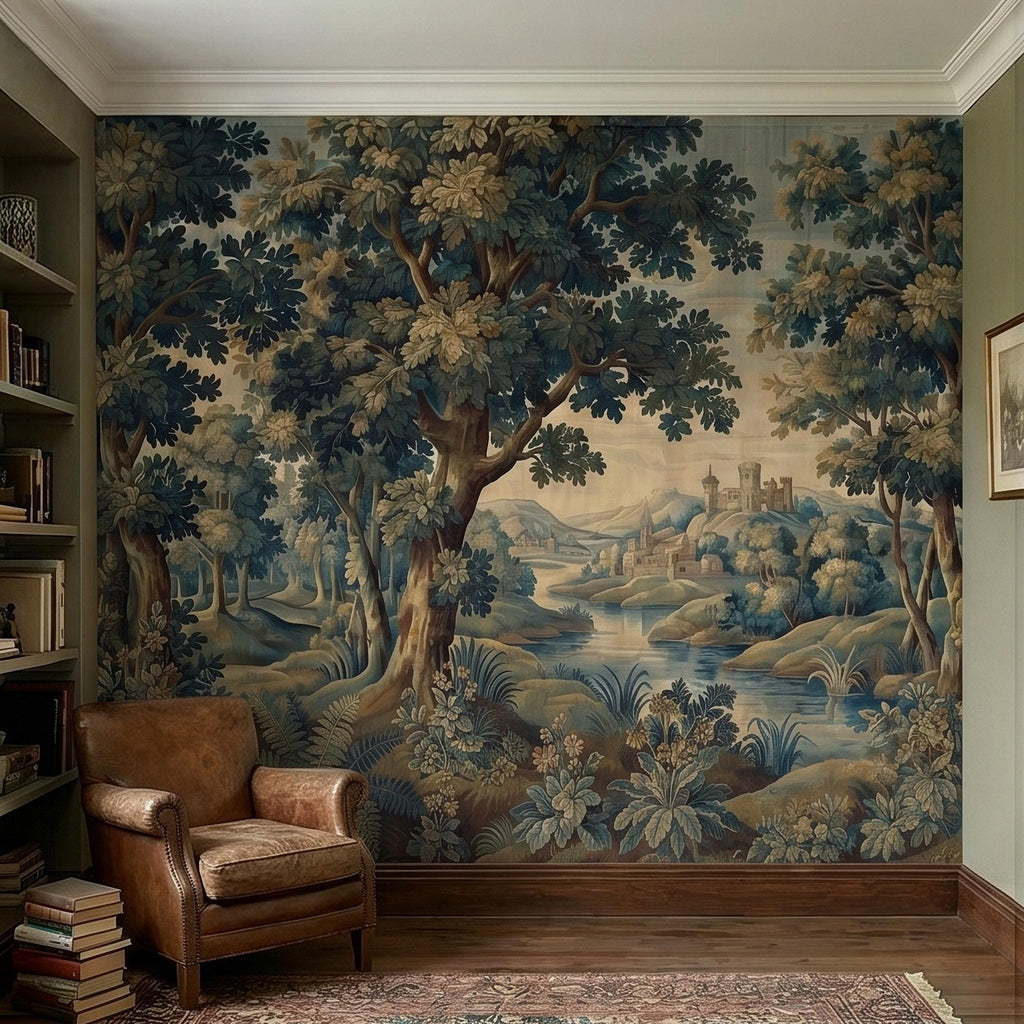 Vintage Forest Verdure Peel and Stick Wall Mural, Antique Tapestry Style Old World Woodland Landscape, Navy Blue Scenic Toile Wallpaper