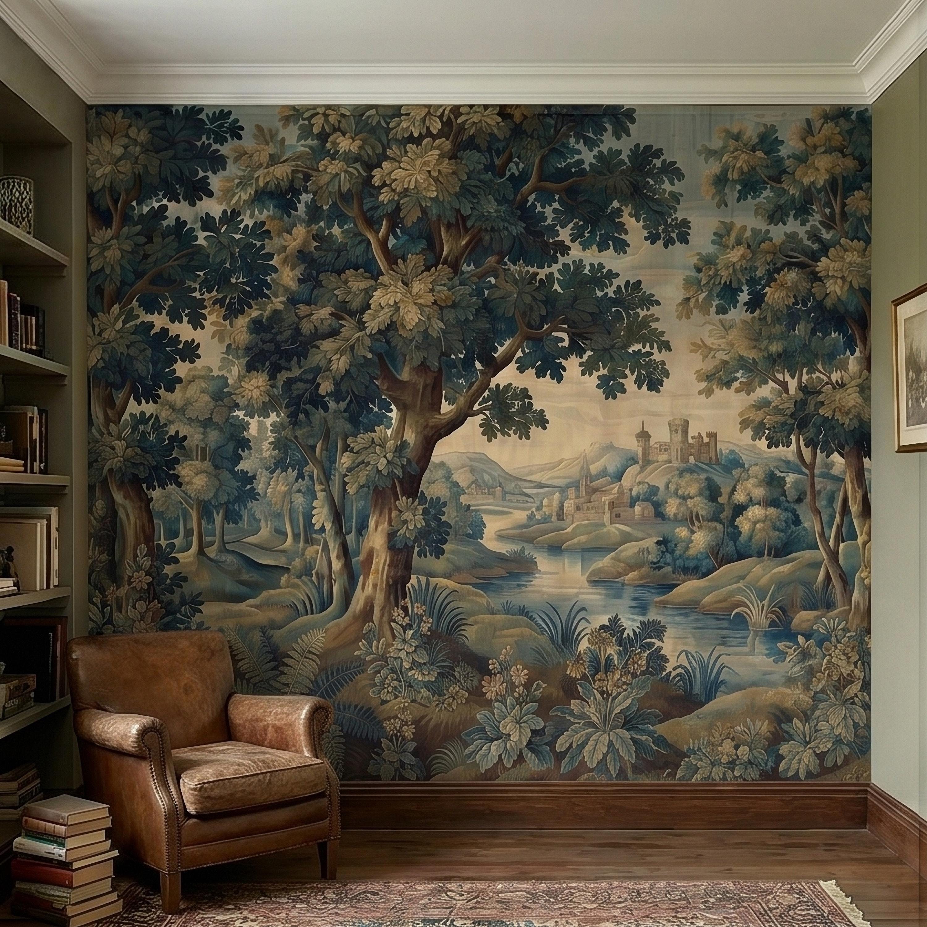 Vintage Forest Verdure Peel and Stick Wall Mural, Antique Tapestry Style Old World Woodland Landscape, Navy Blue Scenic Toile Wallpaper