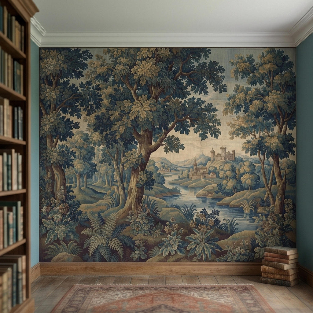 Vintage Forest Verdure Peel and Stick Wall Mural, Antique Tapestry Style Old World Woodland Landscape, Navy Blue Scenic Toile Wallpaper