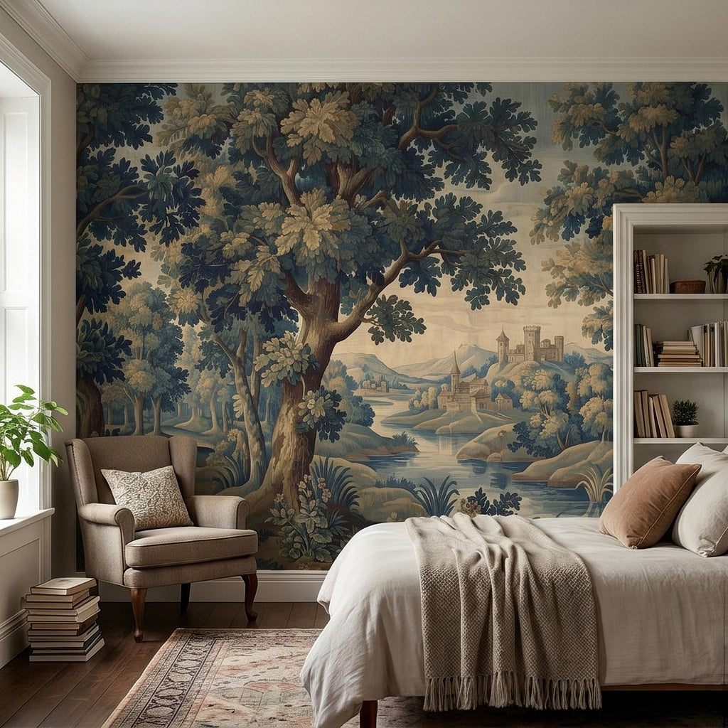 Vintage Forest Verdure Peel and Stick Wall Mural, Antique Tapestry Style Old World Woodland Landscape, Navy Blue Scenic Toile Wallpaper