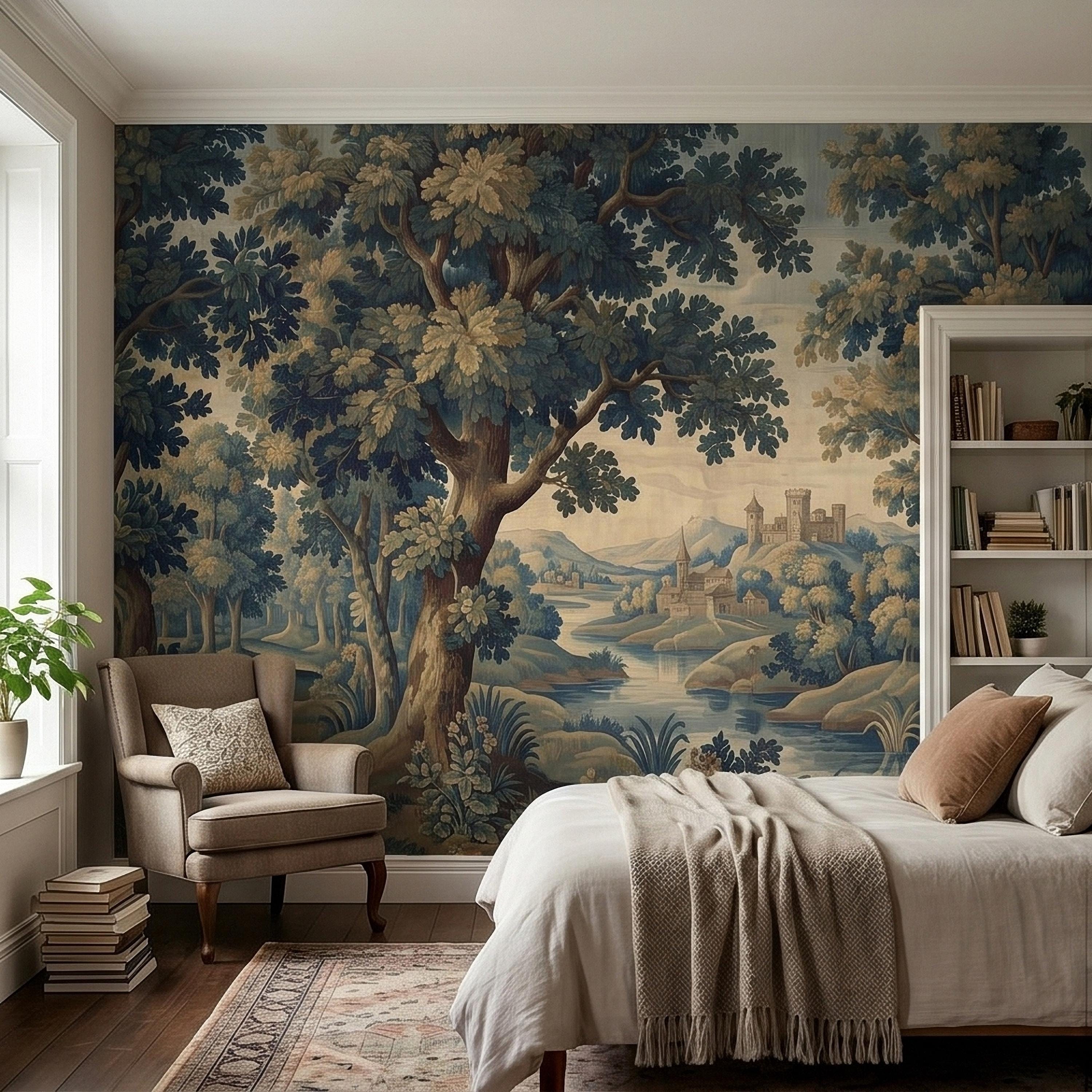 Vintage Forest Verdure Peel and Stick Wall Mural, Antique Tapestry Style Old World Woodland Landscape, Navy Blue Scenic Toile Wallpaper