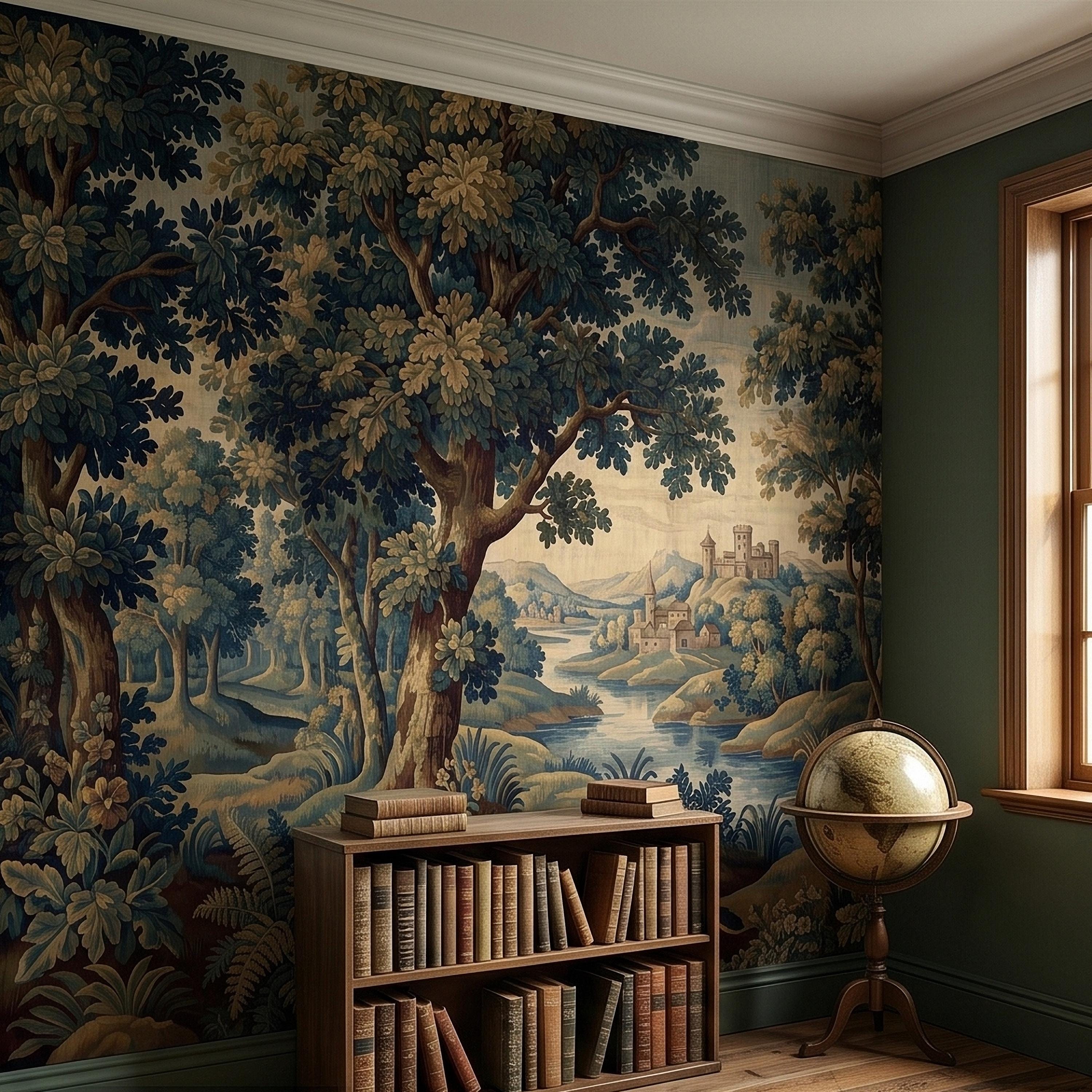 Vintage Forest Verdure Peel and Stick Wall Mural, Antique Tapestry Style Old World Woodland Landscape, Navy Blue Scenic Toile Wallpaper