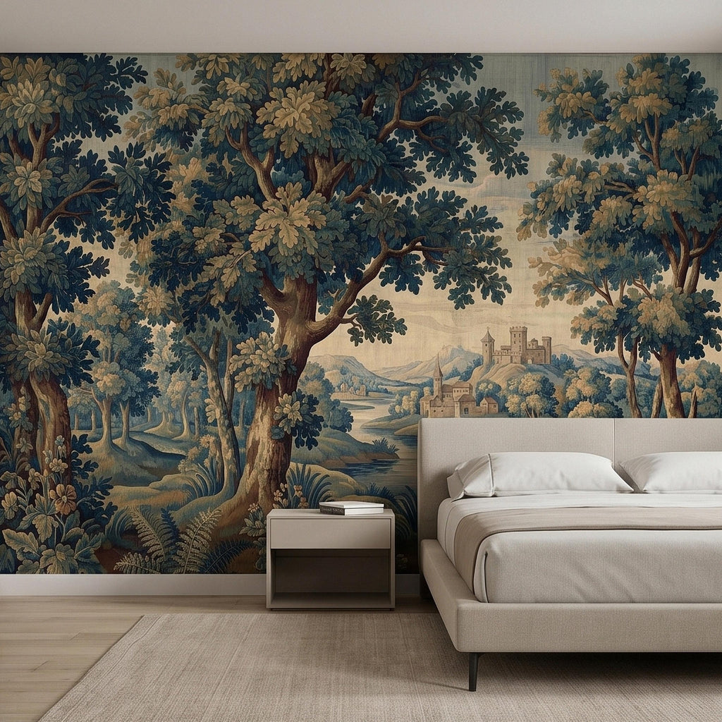 Vintage Forest Verdure Peel and Stick Wall Mural, Antique Tapestry Style Old World Woodland Landscape, Navy Blue Scenic Toile Wallpaper