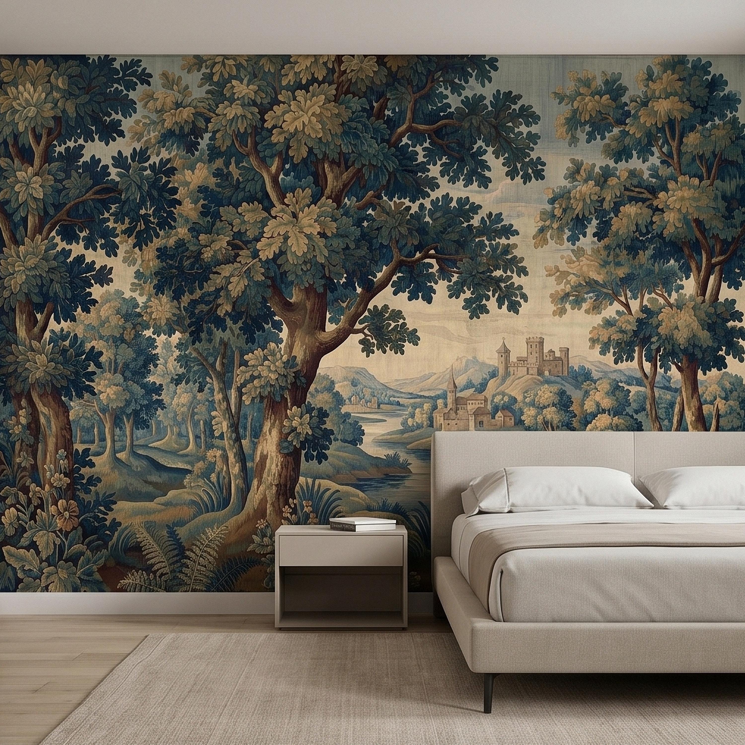 Vintage Forest Verdure Peel and Stick Wall Mural, Antique Tapestry Style Old World Woodland Landscape, Navy Blue Scenic Toile Wallpaper