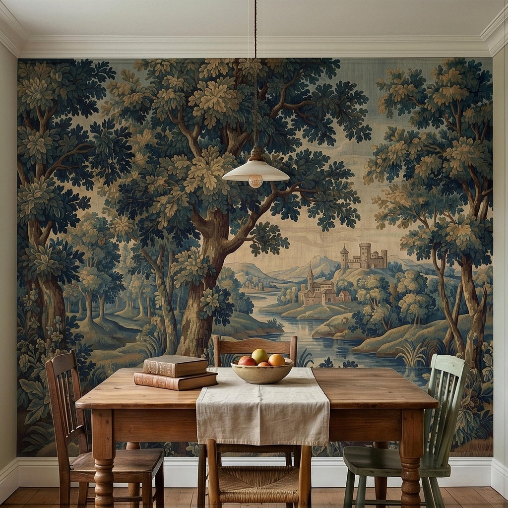 Vintage Forest Verdure Peel and Stick Wall Mural, Antique Tapestry Style Old World Woodland Landscape, Navy Blue Scenic Toile Wallpaper