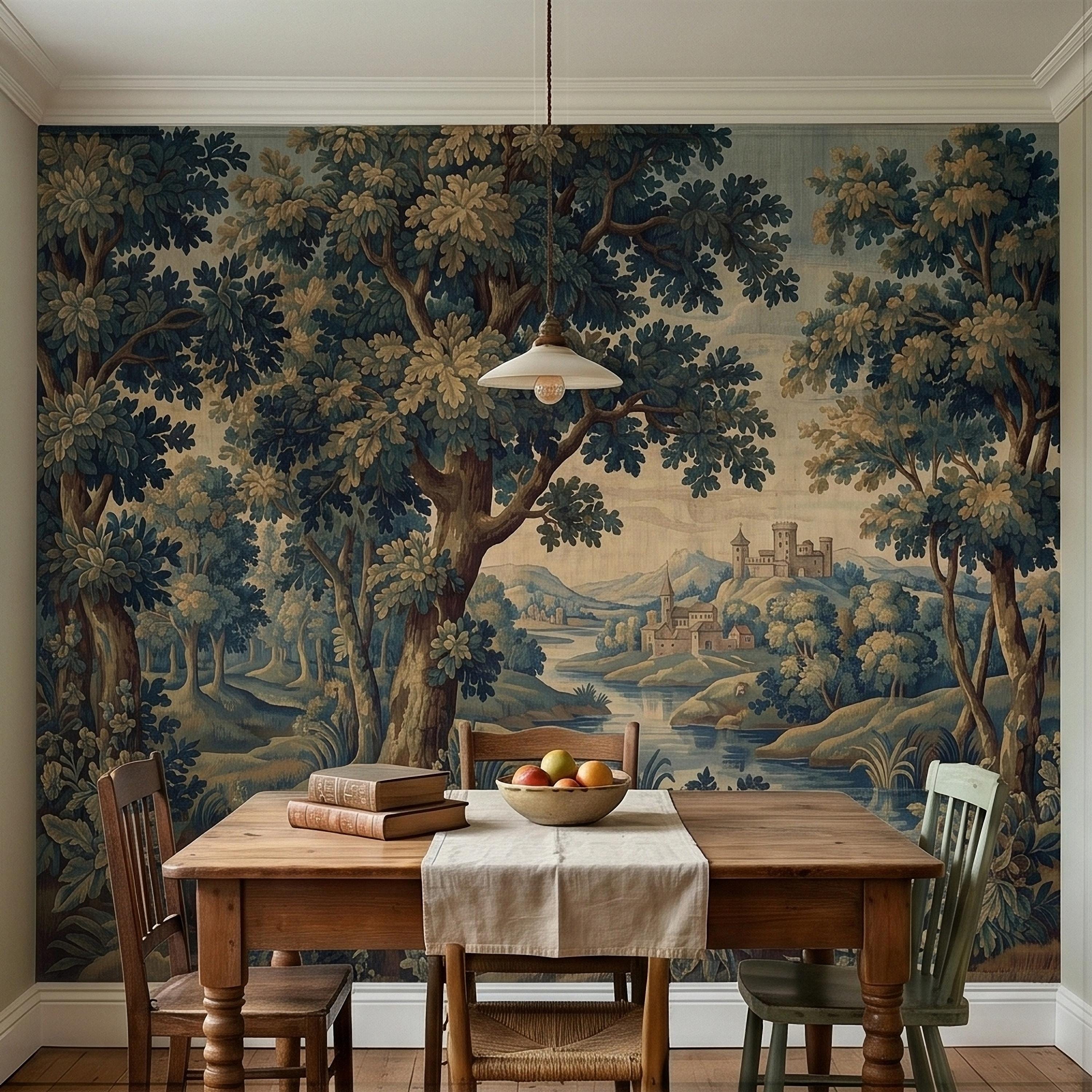 Vintage Forest Verdure Peel and Stick Wall Mural, Antique Tapestry Style Old World Woodland Landscape, Navy Blue Scenic Toile Wallpaper