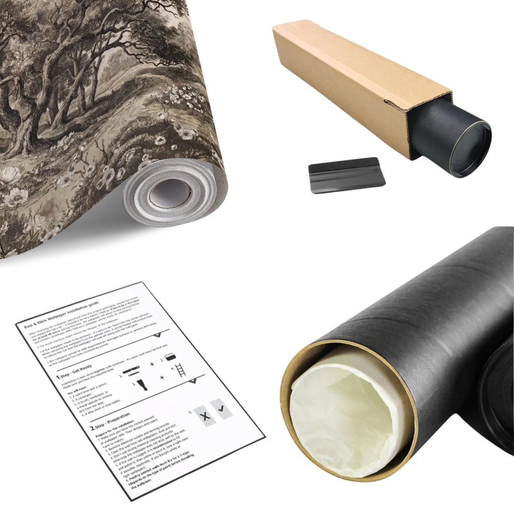 Antique Sepia Woodland Peel and Stick Wall Mural, Vintage Old World Engraved Oak Grove Landscape Etching with Wildflowers Toile Wallpaper