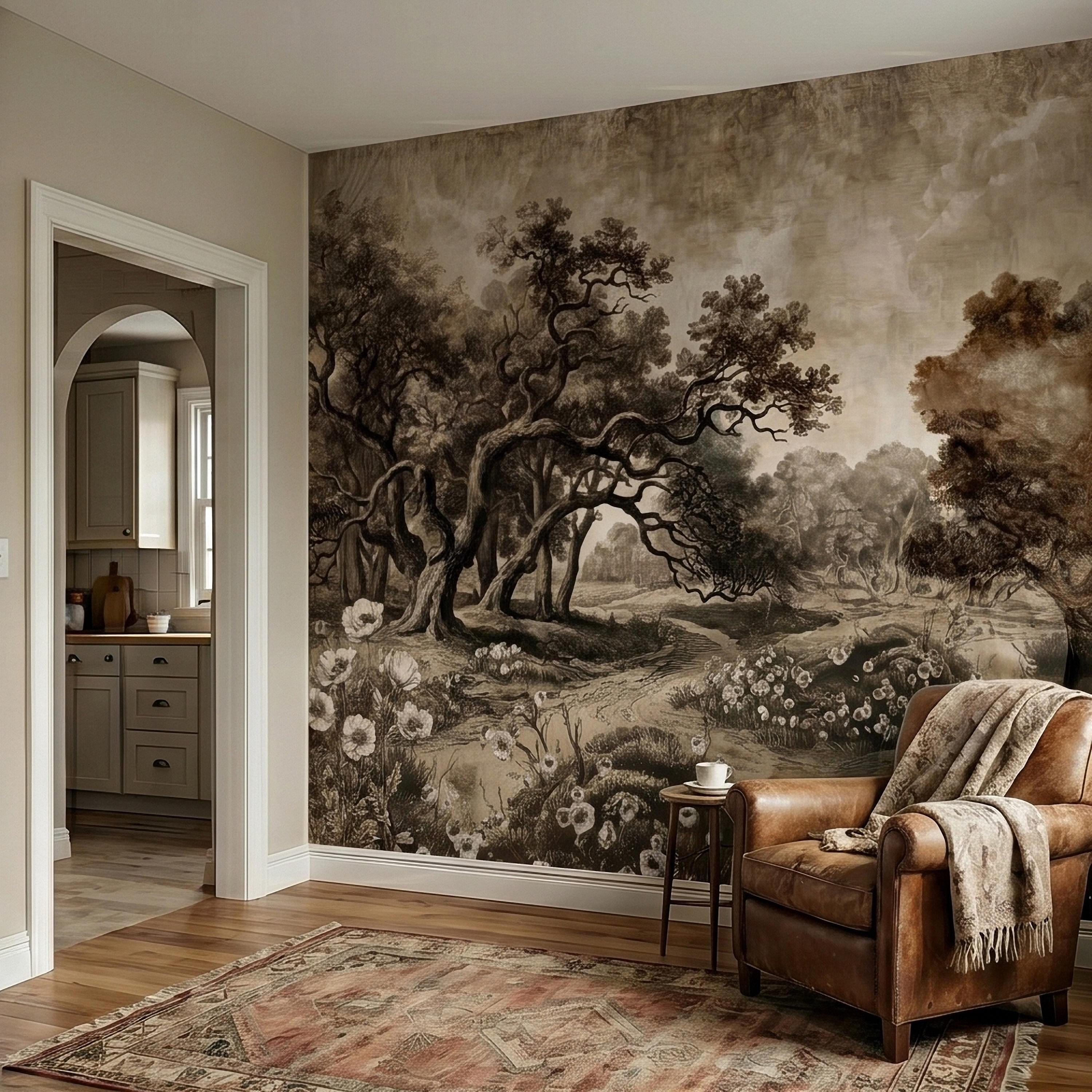 Antique Sepia Woodland Peel and Stick Wall Mural, Vintage Old World Engraved Oak Grove Landscape Etching with Wildflowers Toile Wallpaper