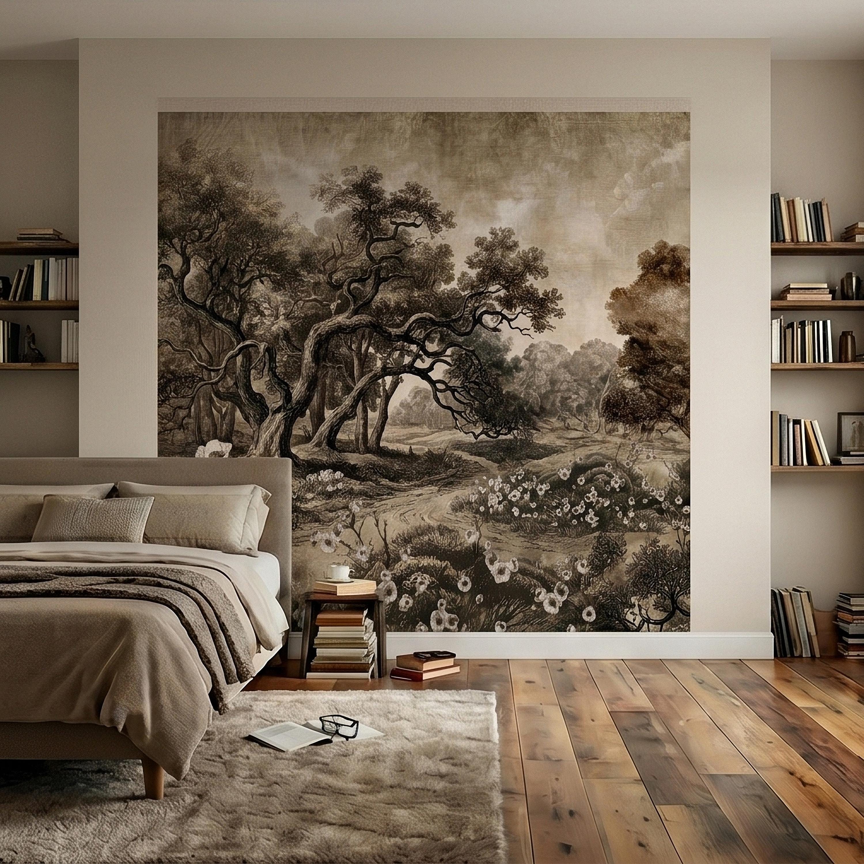 Antique Sepia Woodland Peel and Stick Wall Mural, Vintage Old World Engraved Oak Grove Landscape Etching with Wildflowers Toile Wallpaper