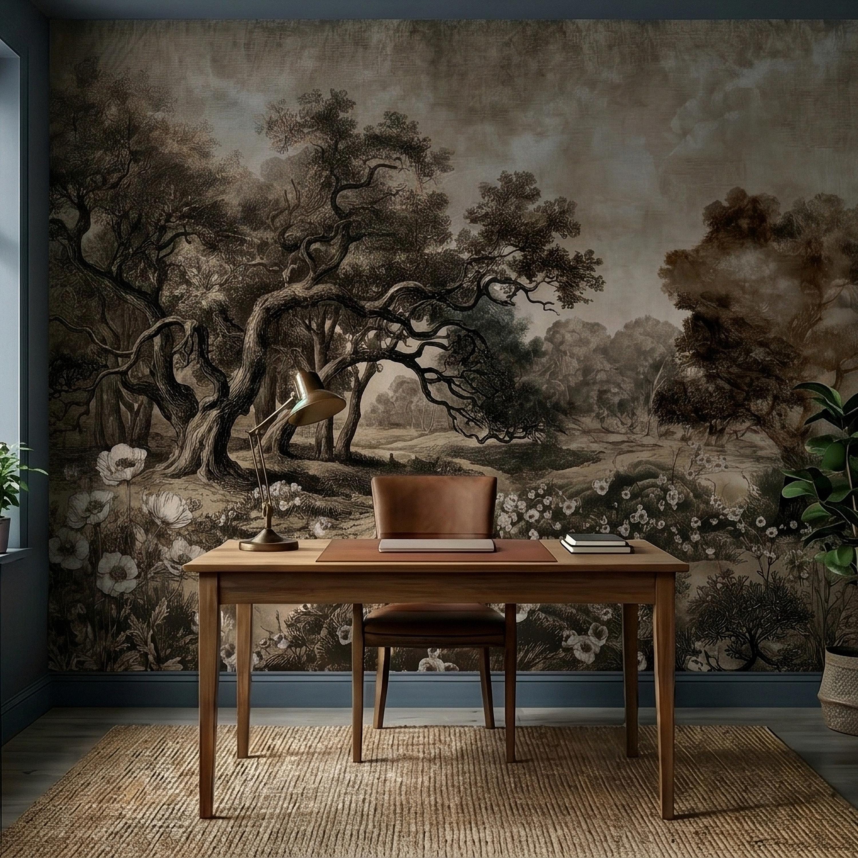 Antique Sepia Woodland Peel and Stick Wall Mural, Vintage Old World Engraved Oak Grove Landscape Etching with Wildflowers Toile Wallpaper