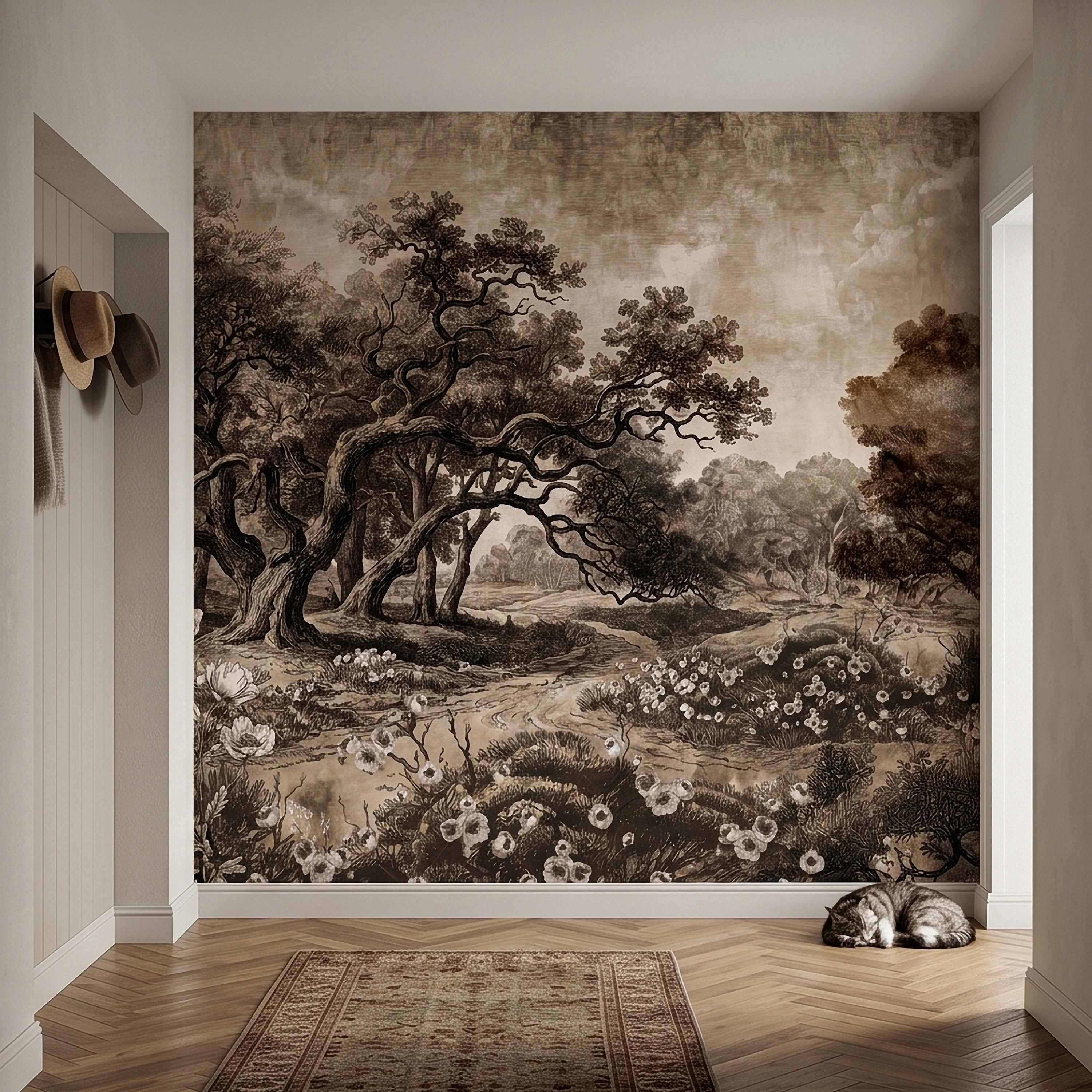 Antique Sepia Woodland Peel and Stick Wall Mural, Vintage Old World Engraved Oak Grove Landscape Etching with Wildflowers Toile Wallpaper