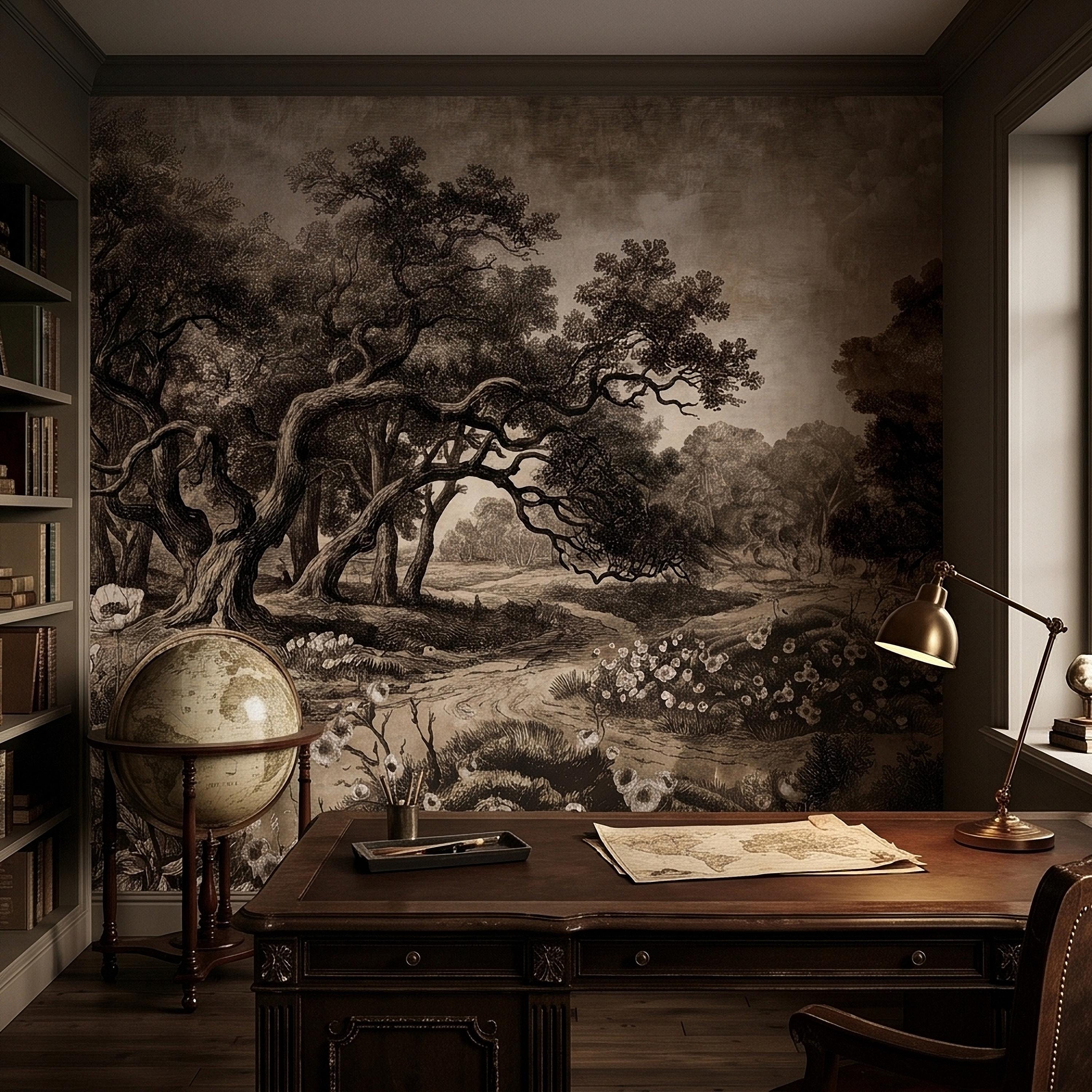 Antique Sepia Woodland Peel and Stick Wall Mural, Vintage Old World Engraved Oak Grove Landscape Etching with Wildflowers Toile Wallpaper
