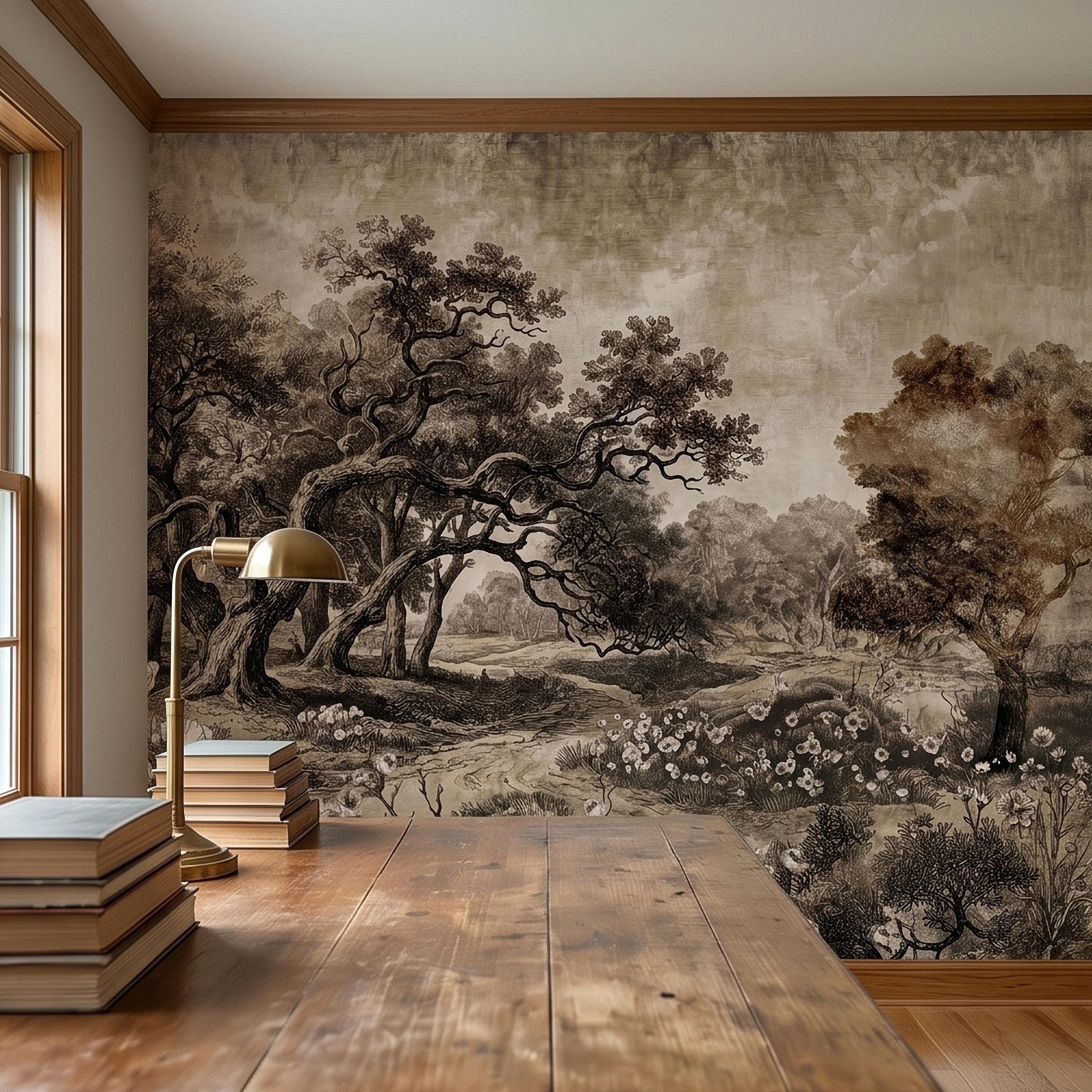 Antique Sepia Woodland Peel and Stick Wall Mural, Vintage Old World Engraved Oak Grove Landscape Etching with Wildflowers Toile Wallpaper