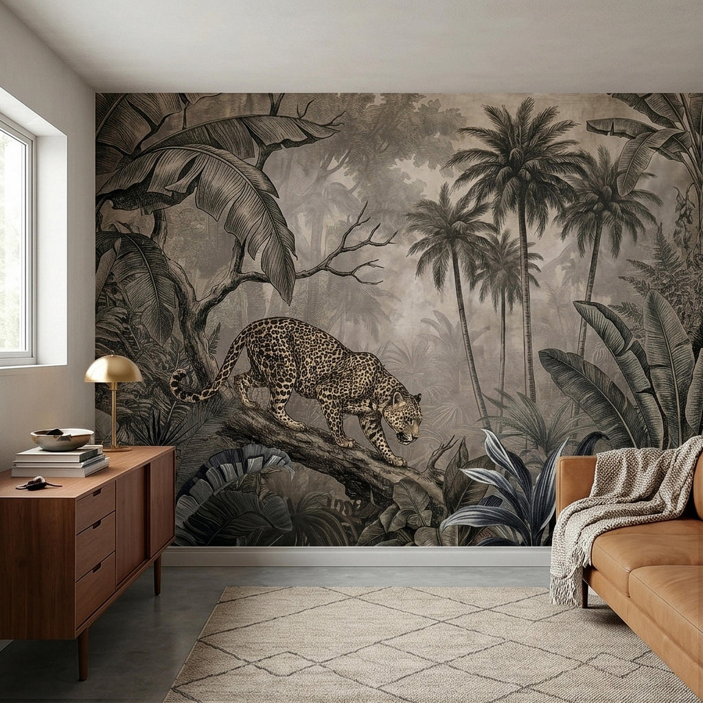 Leopard Jungle Peel and Stick Wall Mural, Vintage Neutral Sepia Tropical Palm Banana Leaves Safari Scene, Engraved Botanical Toile Wallpaper