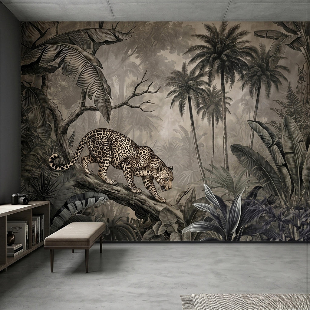 Leopard Jungle Peel and Stick Wall Mural, Vintage Neutral Sepia Tropical Palm Banana Leaves Safari Scene, Engraved Botanical Toile Wallpaper