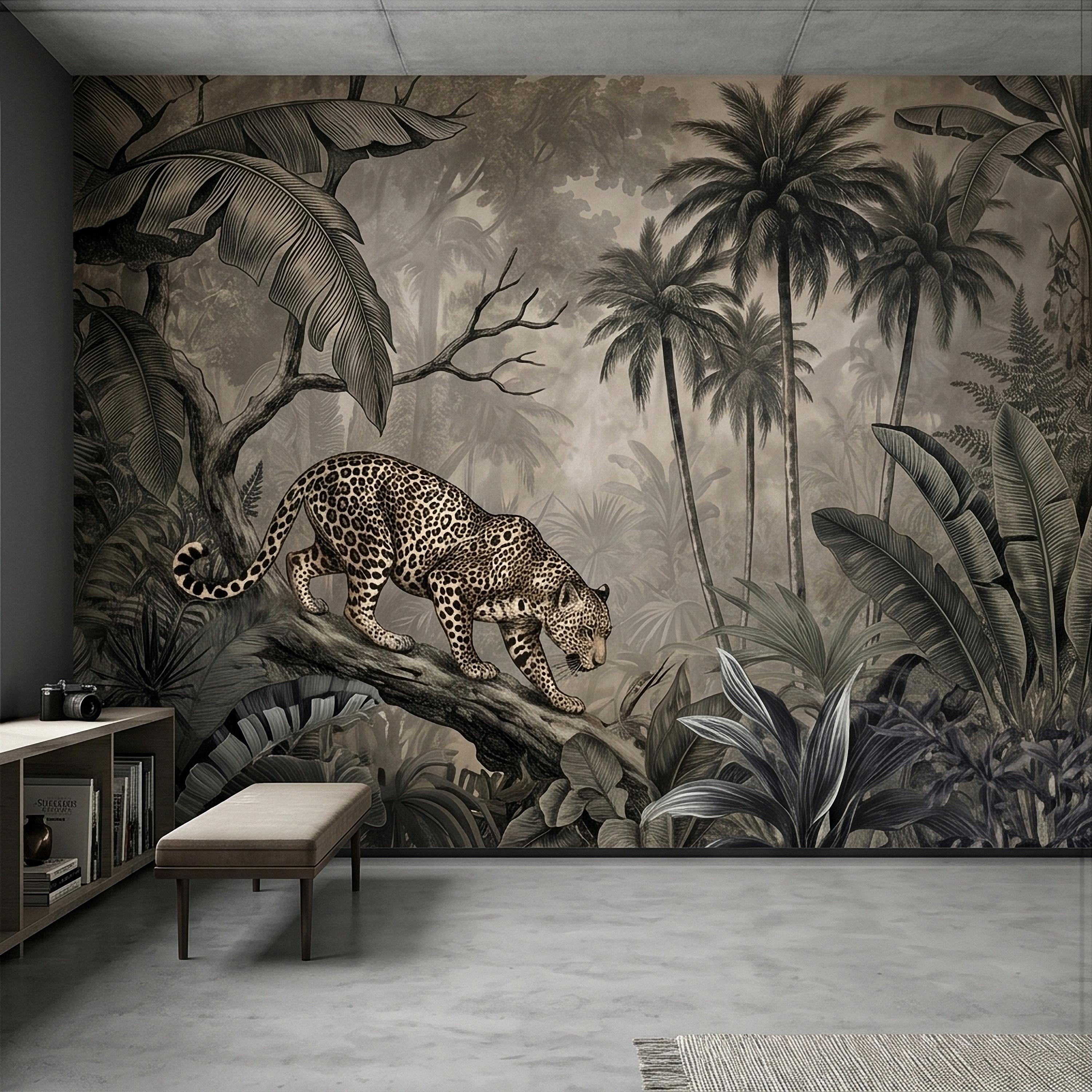 Leopard Jungle Peel and Stick Wall Mural, Vintage Neutral Sepia Tropical Palm Banana Leaves Safari Scene, Engraved Botanical Toile Wallpaper