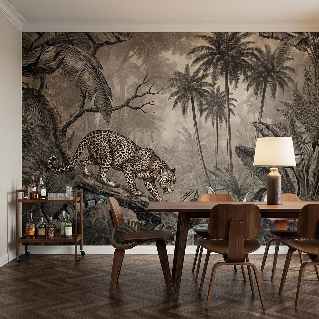 Leopard Jungle Peel and Stick Wall Mural, Vintage Neutral Sepia Tropical Palm Banana Leaves Safari Scene, Engraved Botanical Toile Wallpaper