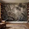 Leopard Jungle Peel and Stick Wall Mural, Vintage Neutral Sepia Tropical Palm Banana Leaves Safari Scene, Engraved Botanical Toile Wallpaper