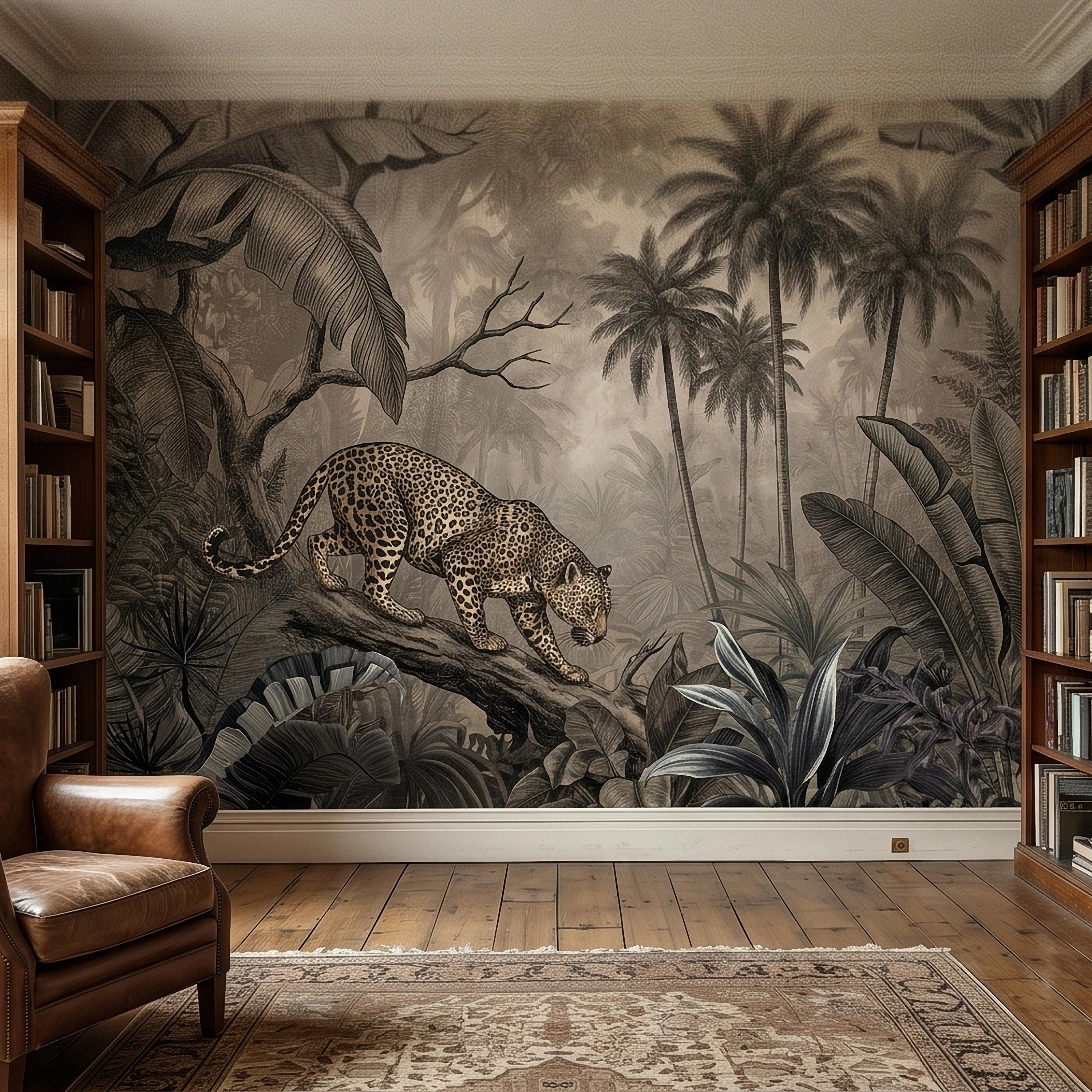 Leopard Jungle Peel and Stick Wall Mural, Vintage Neutral Sepia Tropical Palm Banana Leaves Safari Scene, Engraved Botanical Toile Wallpaper