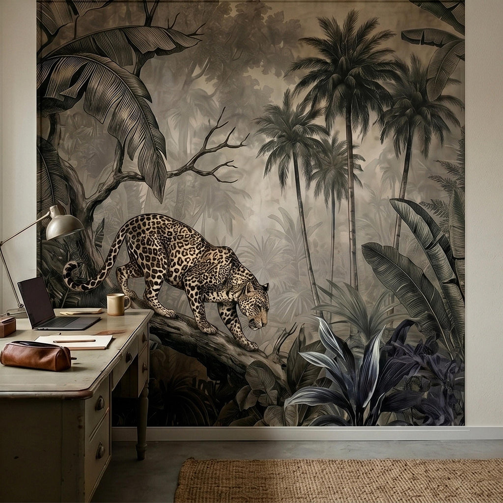 Leopard Jungle Peel and Stick Wall Mural, Vintage Neutral Sepia Tropical Palm Banana Leaves Safari Scene, Engraved Botanical Toile Wallpaper
