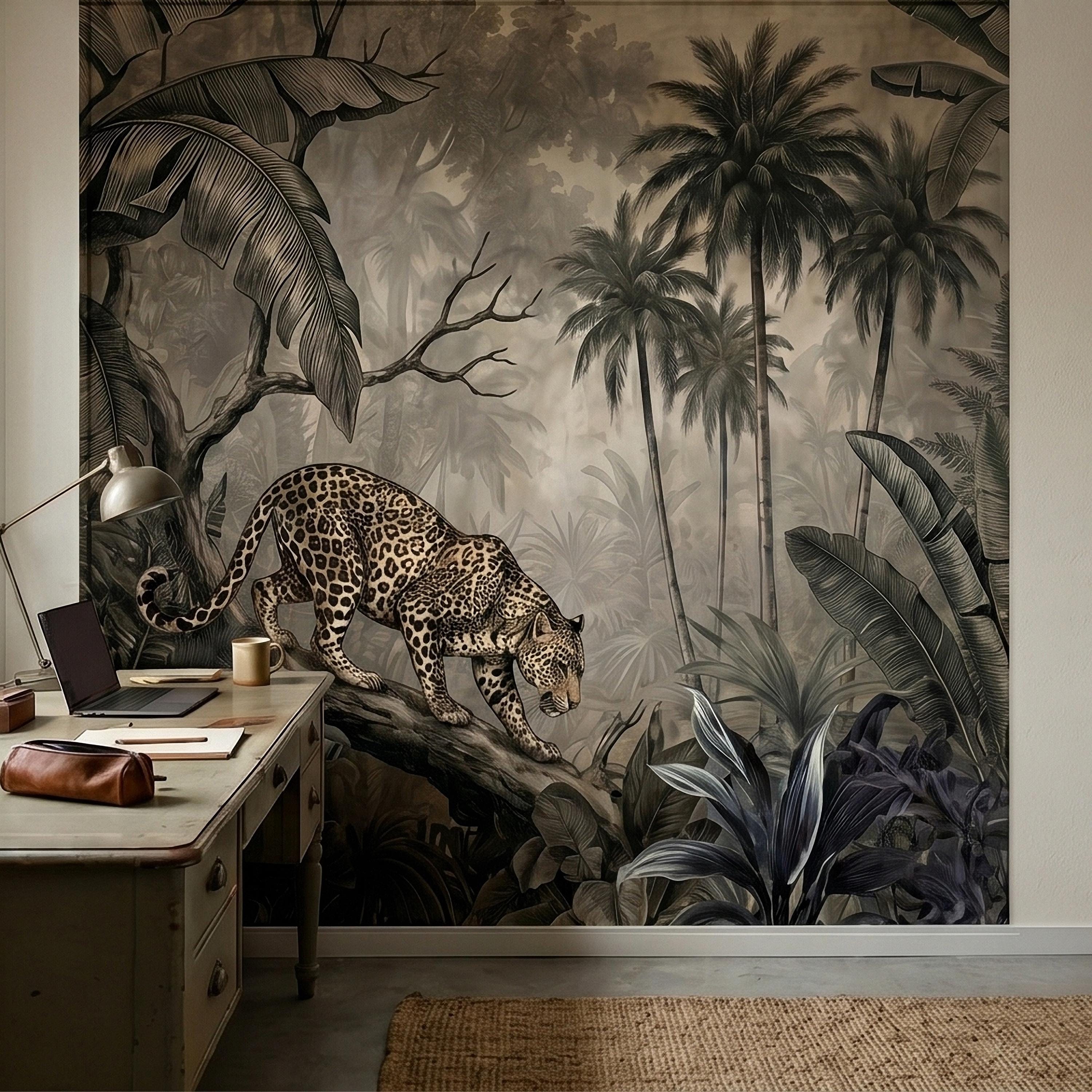 Leopard Jungle Peel and Stick Wall Mural, Vintage Neutral Sepia Tropical Palm Banana Leaves Safari Scene, Engraved Botanical Toile Wallpaper