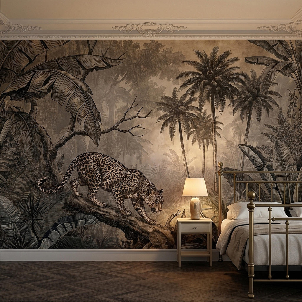 Leopard Jungle Peel and Stick Wall Mural, Vintage Neutral Sepia Tropical Palm Banana Leaves Safari Scene, Engraved Botanical Toile Wallpaper