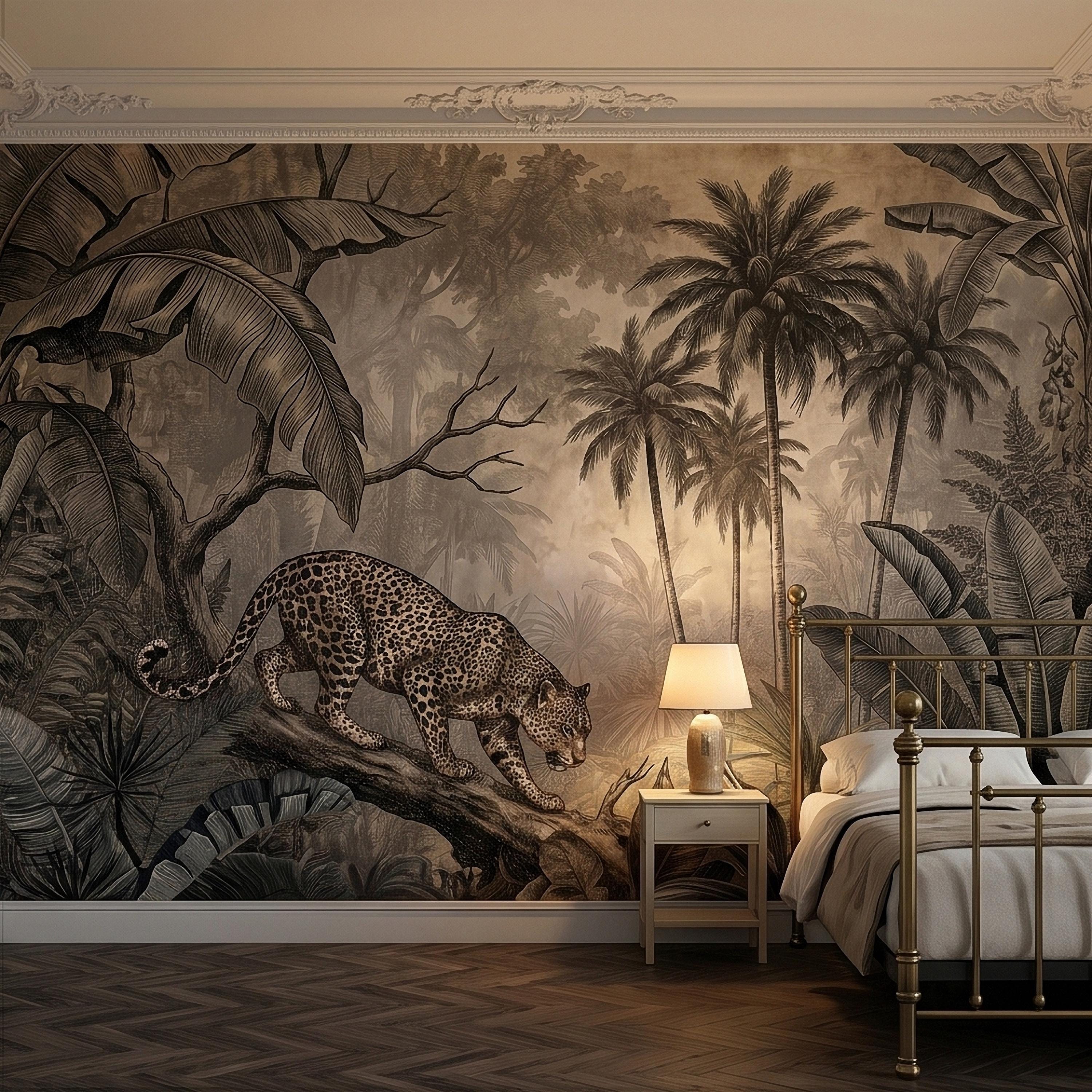 Leopard Jungle Peel and Stick Wall Mural, Vintage Neutral Sepia Tropical Palm Banana Leaves Safari Scene, Engraved Botanical Toile Wallpaper