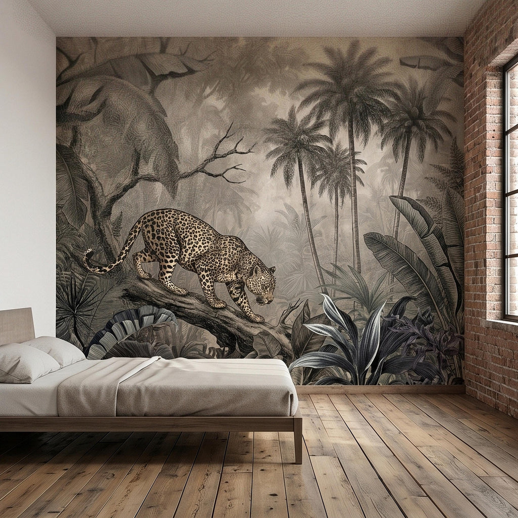 Leopard Jungle Peel and Stick Wall Mural, Vintage Neutral Sepia Tropical Palm Banana Leaves Safari Scene, Engraved Botanical Toile Wallpaper