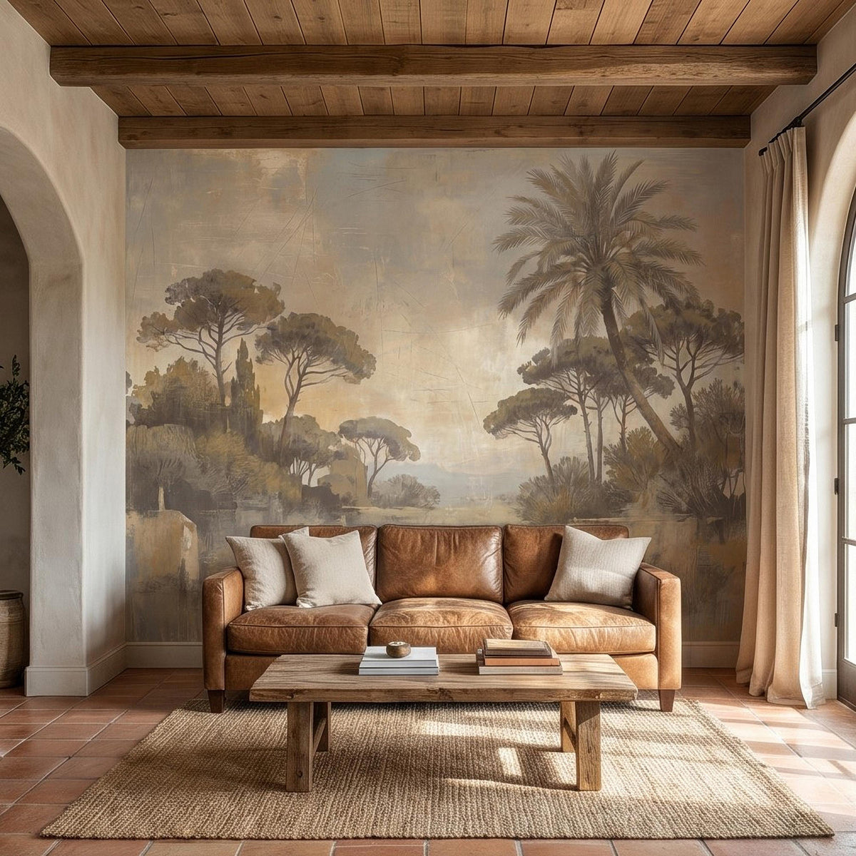 Vintage Mediterranean Landscape Peel and Stick Wall Mural, Palm Tree & Tuscan Pines, Soft Watercolor Sunset Scene, Antique Fresco Wallpaper - The Fine Art Murals