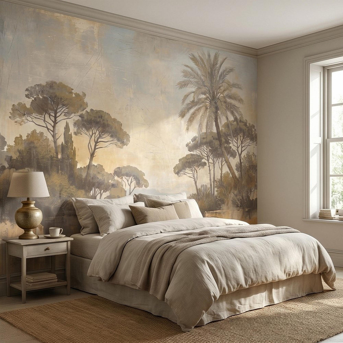 Vintage Mediterranean Landscape Peel and Stick Wall Mural, Palm Tree & Tuscan Pines, Soft Watercolor Sunset Scene, Antique Fresco Wallpaper - The Fine Art Murals