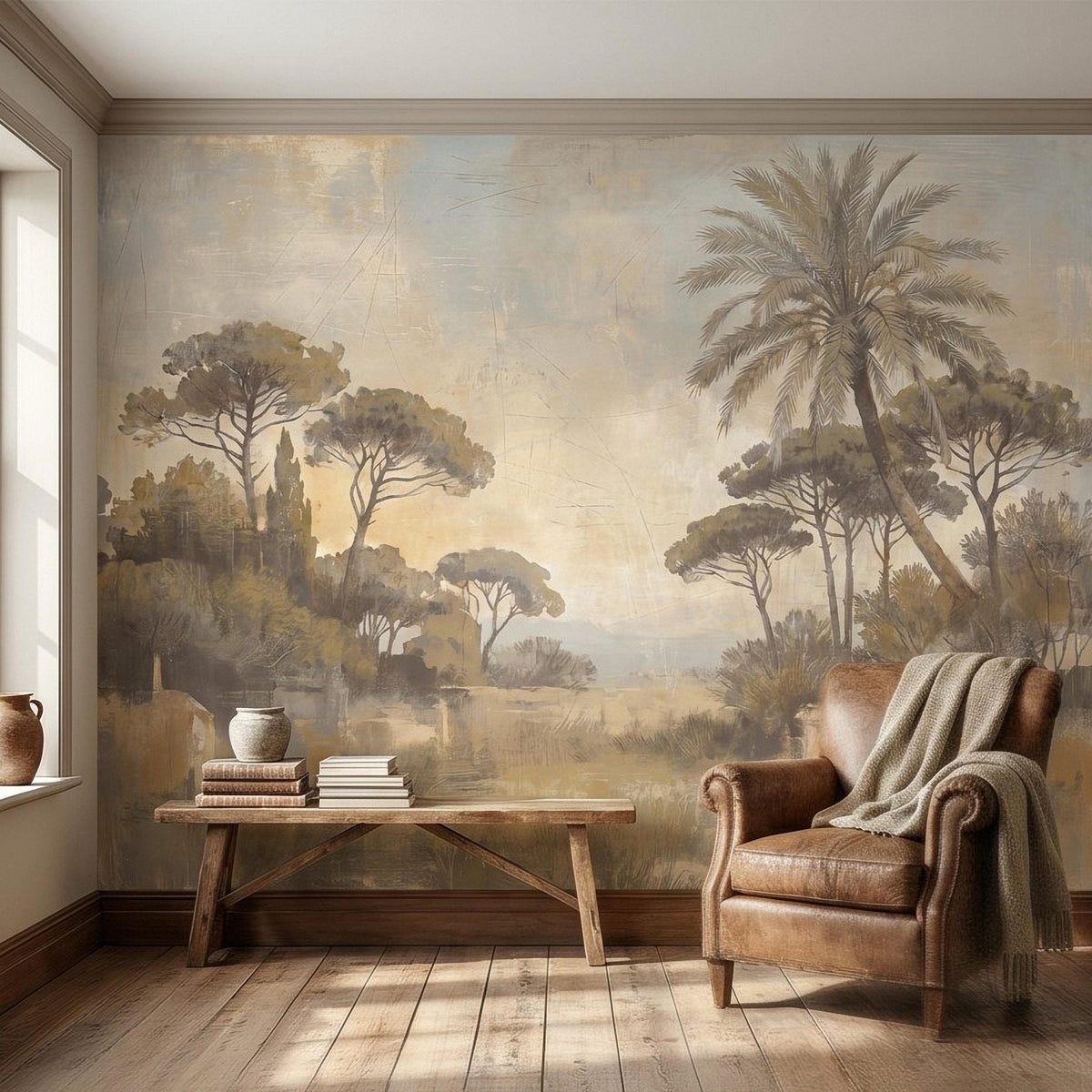 Vintage Mediterranean Landscape Peel and Stick Wall Mural, Palm Tree & Tuscan Pines, Soft Watercolor Sunset Scene, Antique Fresco Wallpaper - The Fine Art Murals