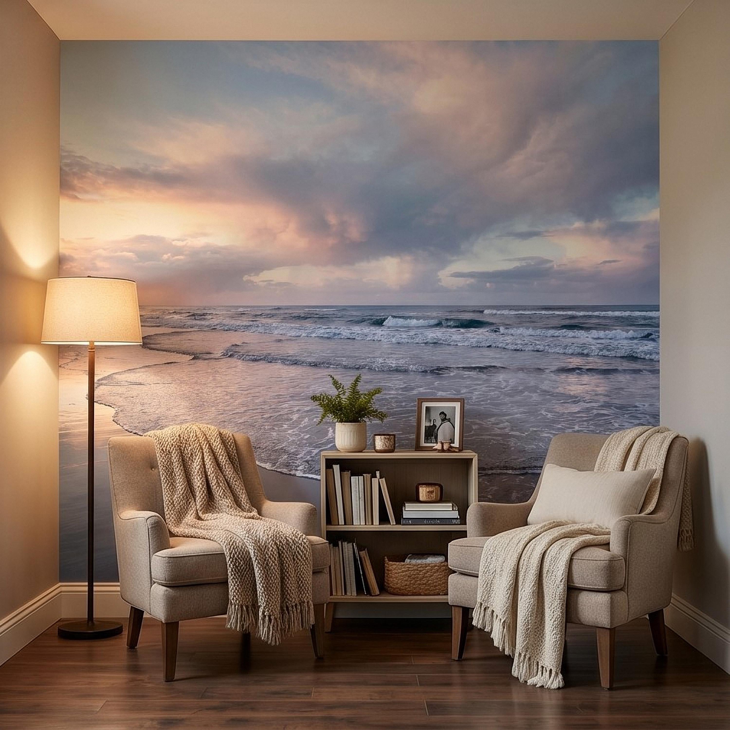 Pastel Sunset Beach Peel and Stick Wall Mural, Soft Ocean Waves Coastal Seascape, Pink Blue Sky, Calm Minimal Seaside Scene Wallpaper