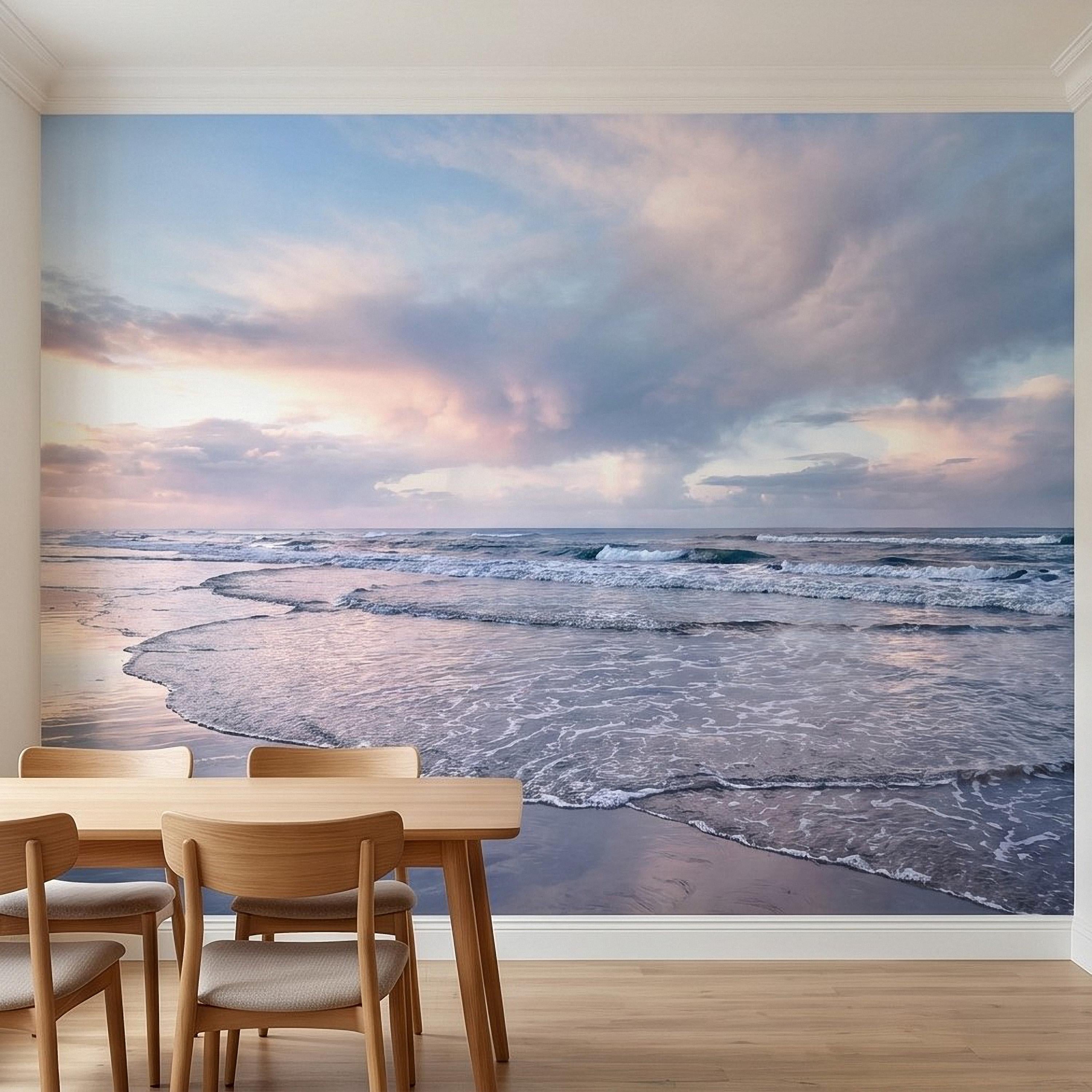 Pastel Sunset Beach Peel and Stick Wall Mural, Soft Ocean Waves Coastal Seascape, Pink Blue Sky, Calm Minimal Seaside Scene Wallpaper