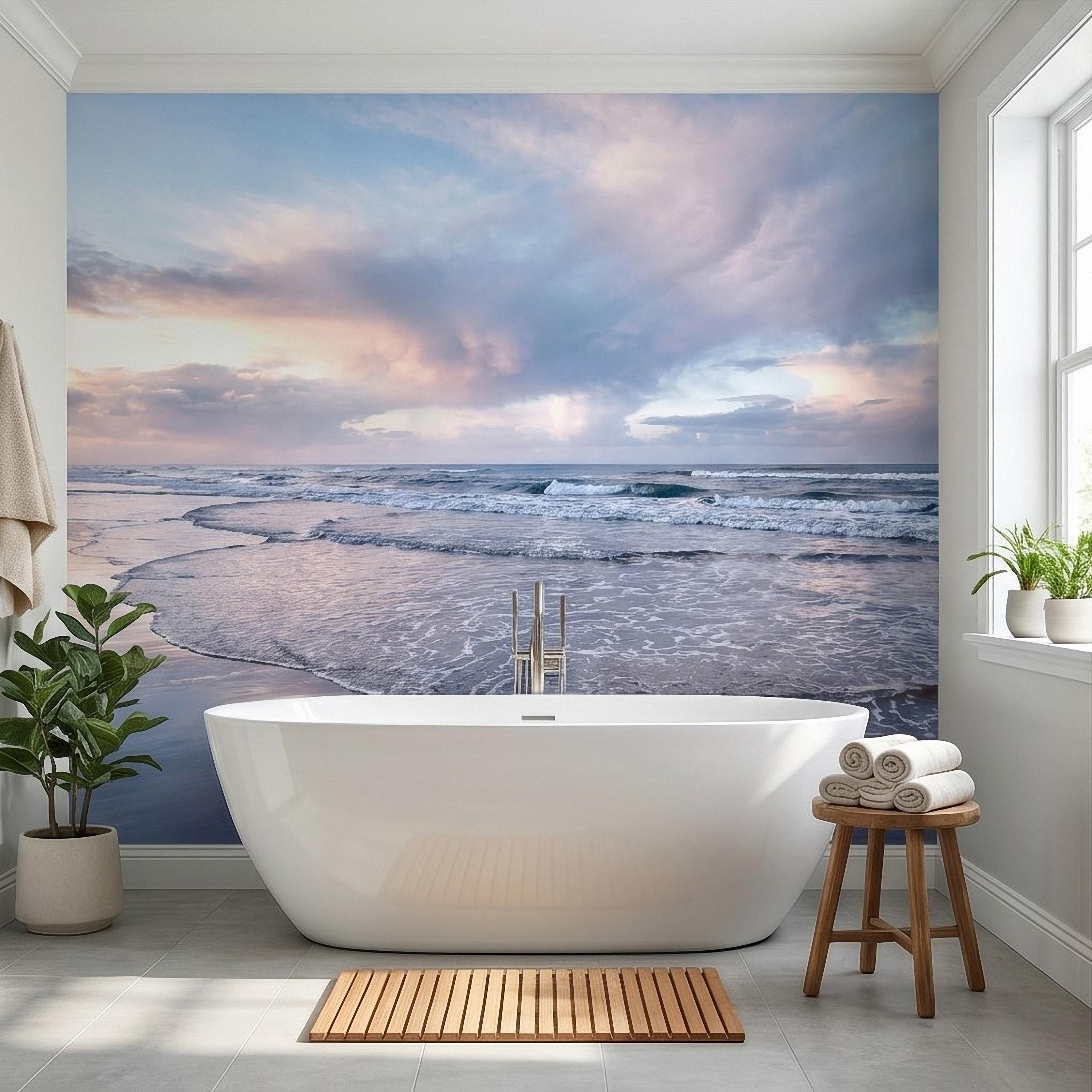 Pastel Sunset Beach Peel and Stick Wall Mural, Soft Ocean Waves Coastal Seascape, Pink Blue Sky, Calm Minimal Seaside Scene Wallpaper