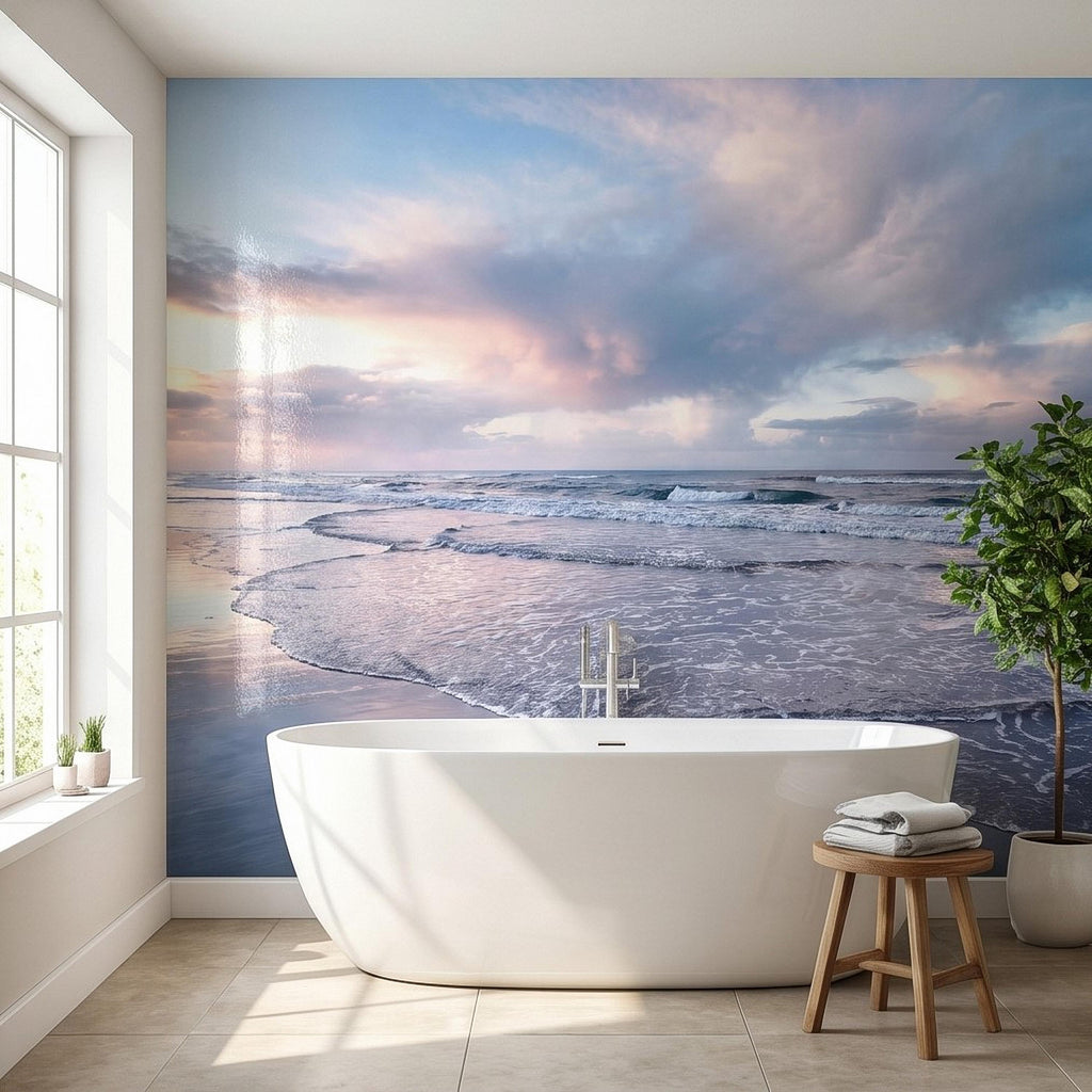 Pastel Sunset Beach Peel and Stick Wall Mural, Soft Ocean Waves Coastal Seascape, Pink Blue Sky, Calm Minimal Seaside Scene Wallpaper