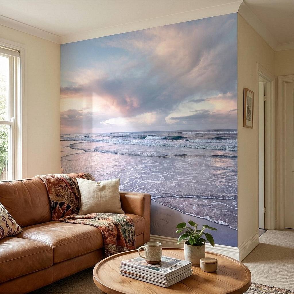 Pastel Sunset Beach Peel and Stick Wall Mural, Soft Ocean Waves Coastal Seascape, Pink Blue Sky, Calm Minimal Seaside Scene Wallpaper