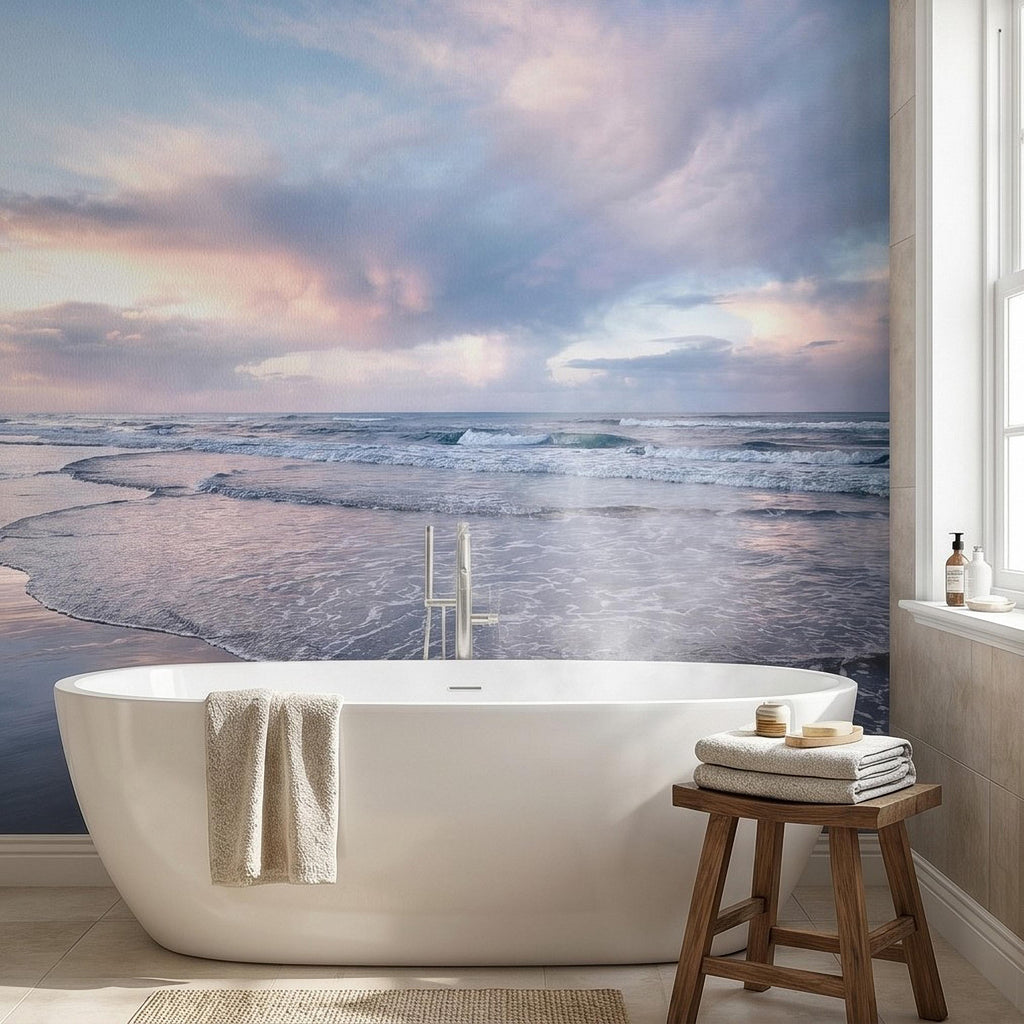 Pastel Sunset Beach Peel and Stick Wall Mural, Soft Ocean Waves Coastal Seascape, Pink Blue Sky, Calm Minimal Seaside Scene Wallpaper