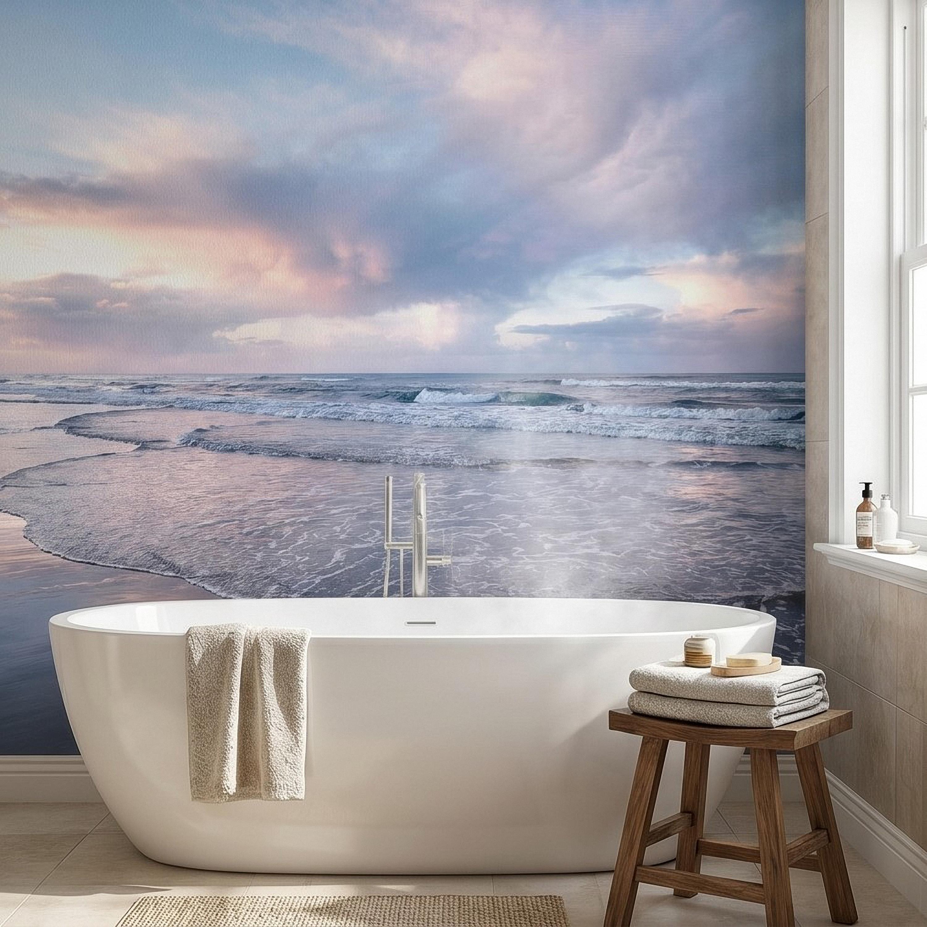 Pastel Sunset Beach Peel and Stick Wall Mural, Soft Ocean Waves Coastal Seascape, Pink Blue Sky, Calm Minimal Seaside Scene Wallpaper