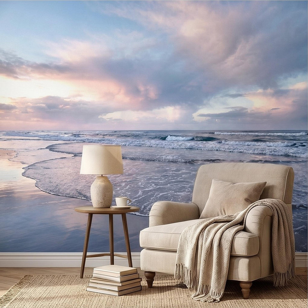 Pastel Sunset Beach Peel and Stick Wall Mural, Soft Ocean Waves Coastal Seascape, Pink Blue Sky, Calm Minimal Seaside Scene Wallpaper
