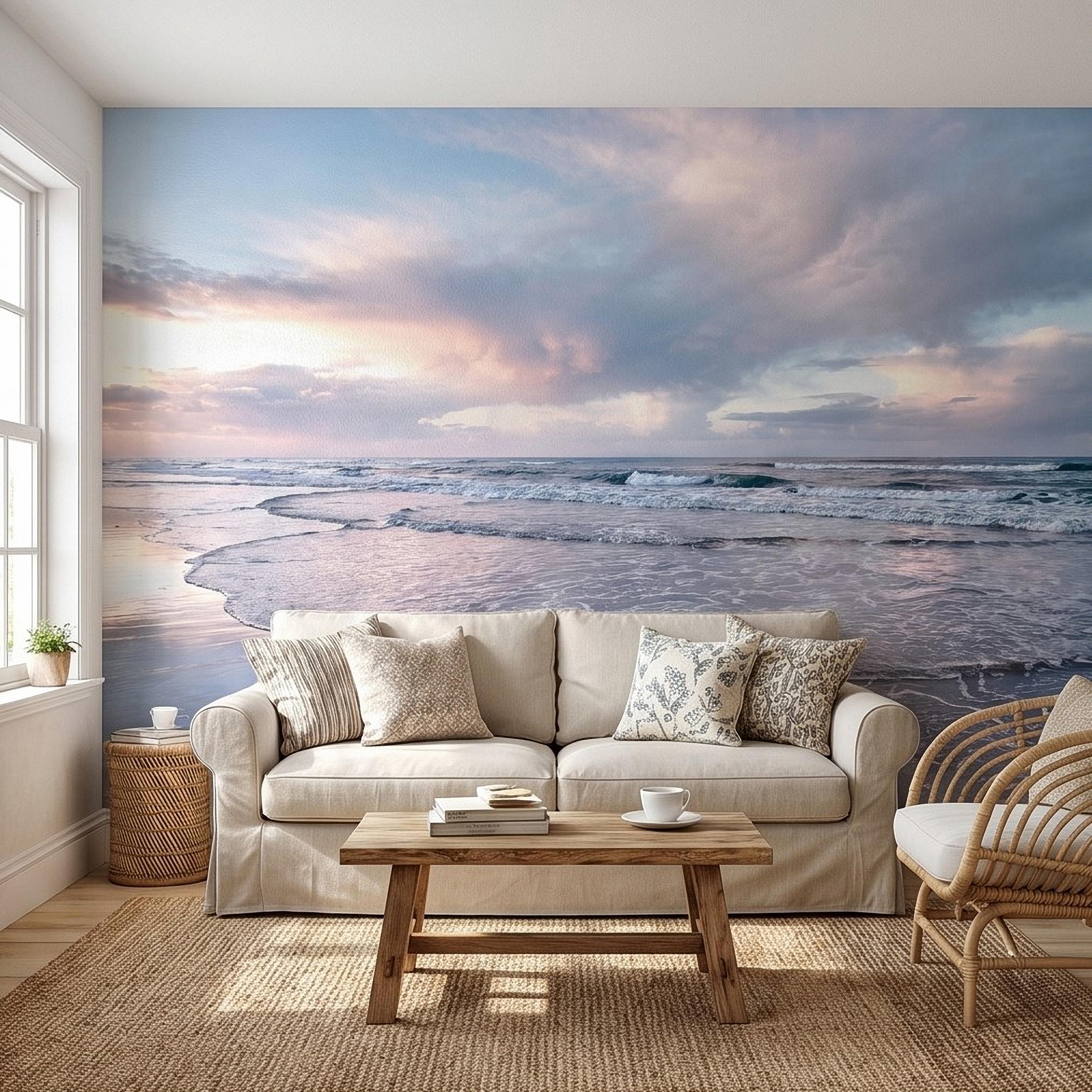 Pastel Sunset Beach Peel and Stick Wall Mural, Soft Ocean Waves Coastal Seascape, Pink Blue Sky, Calm Minimal Seaside Scene Wallpaper