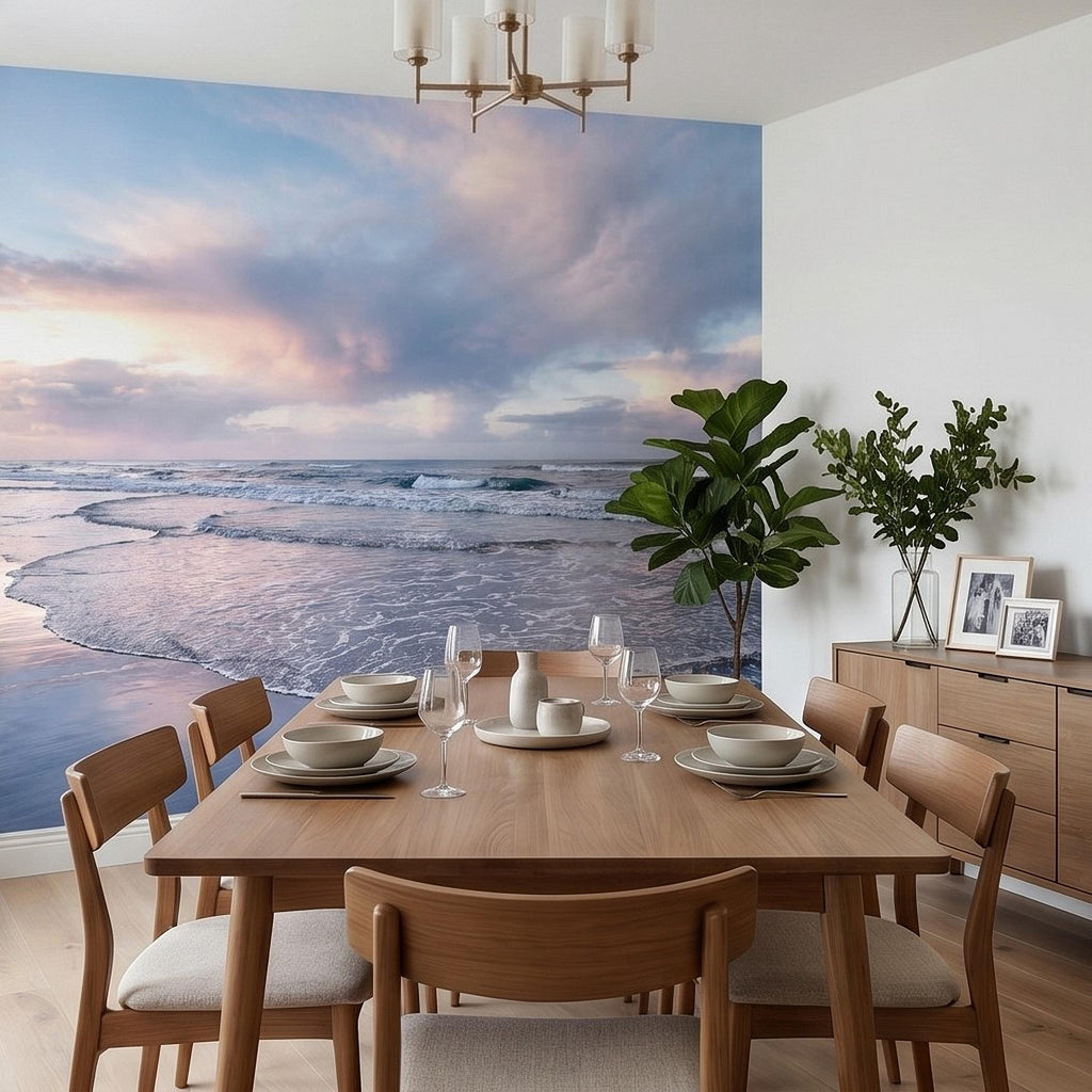 Pastel Sunset Beach Peel and Stick Wall Mural, Soft Ocean Waves Coastal Seascape, Pink Blue Sky, Calm Minimal Seaside Scene Wallpaper