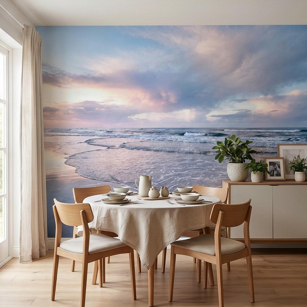 Pastel Sunset Beach Peel and Stick Wall Mural, Soft Ocean Waves Coastal Seascape, Pink Blue Sky, Calm Minimal Seaside Scene Wallpaper
